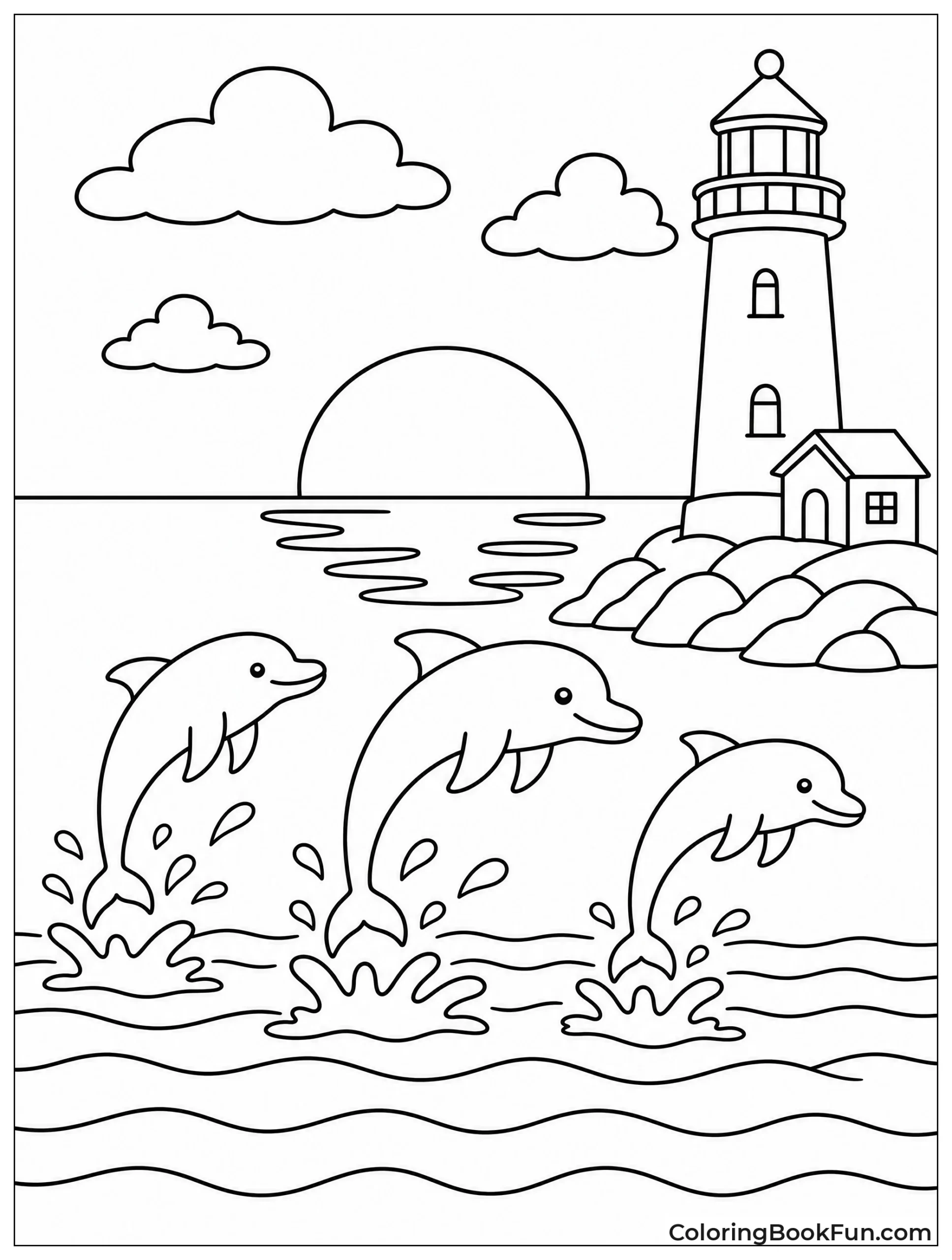 Dolphins Leaping Near Distant Lighthouse