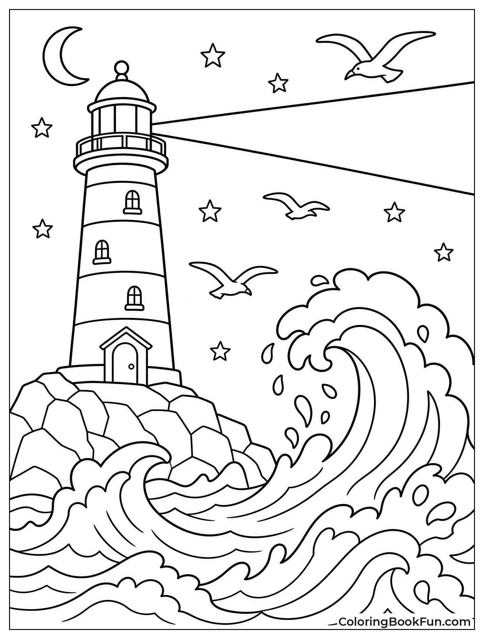 Lighthouse Shining on Crashing Waves