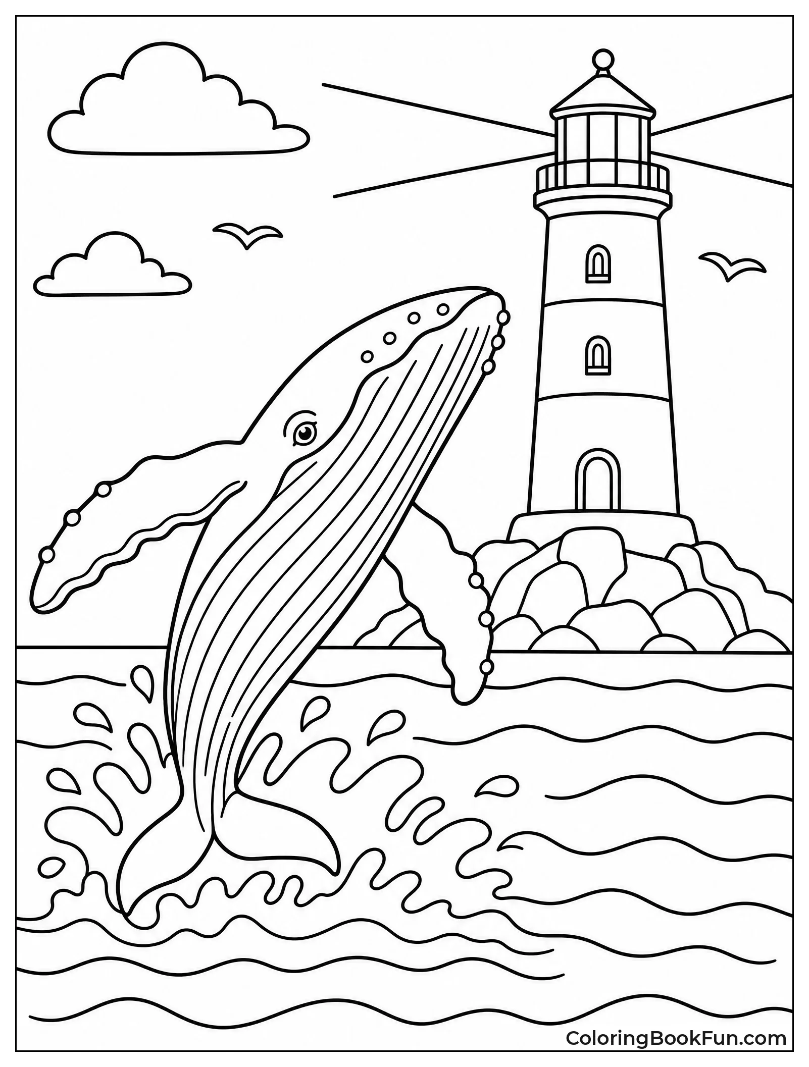 Whale Breaching Before Majestic Lighthouse