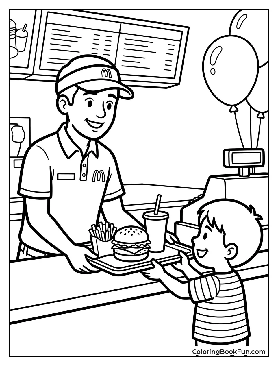 Worker Hands Food Tray to Kid