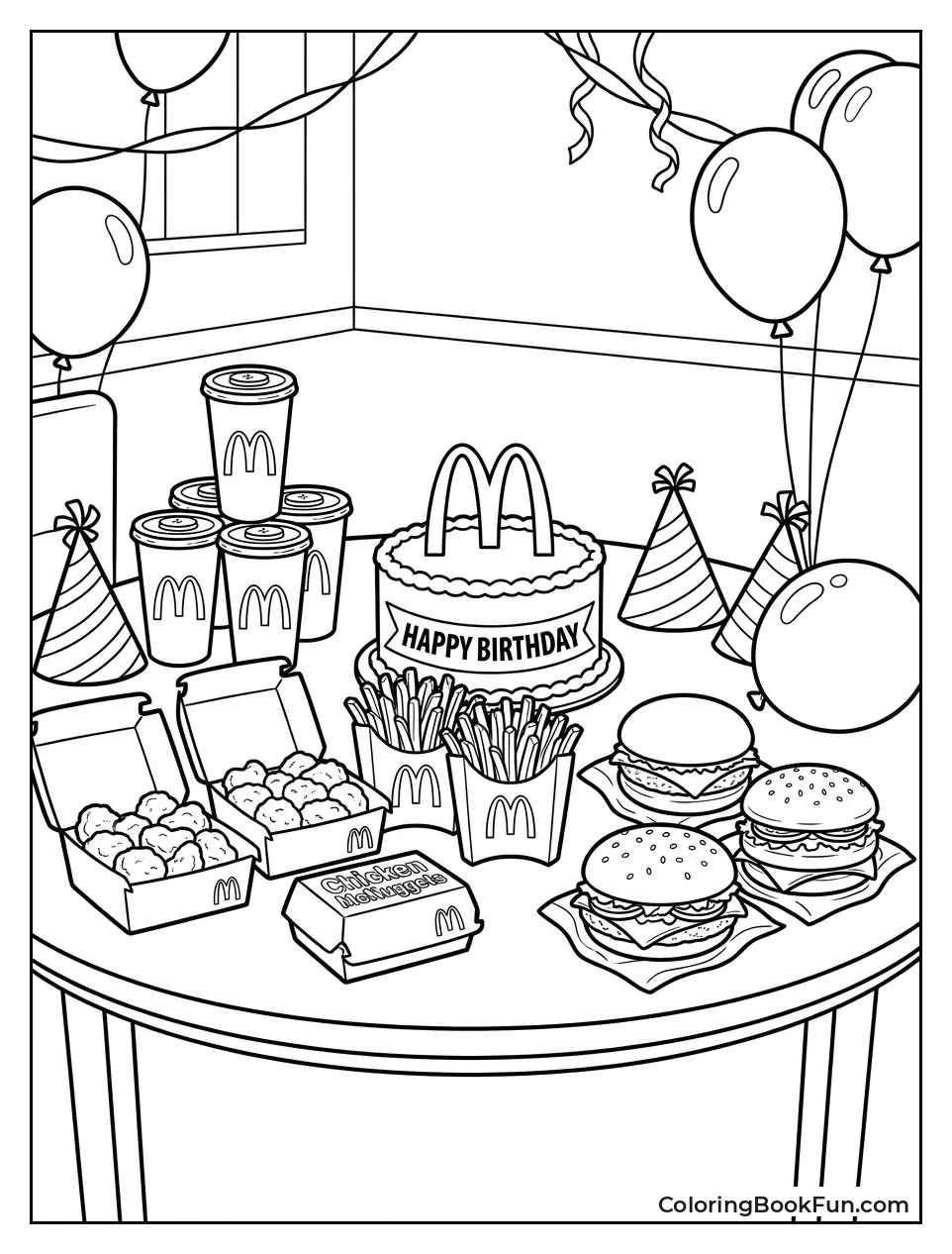 Table Holds Burgers and Cake