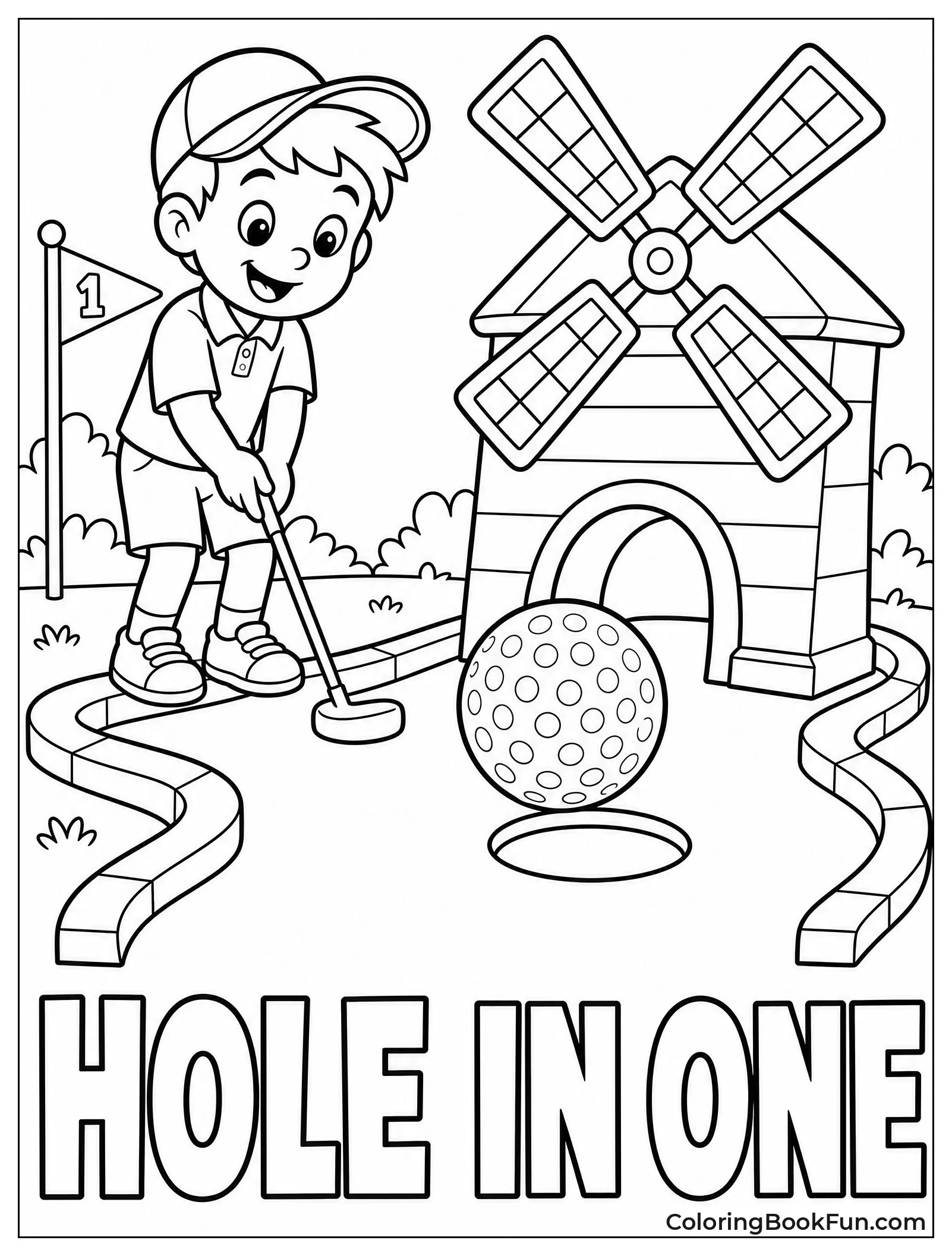 Child Plays Mini Golf by Windmill