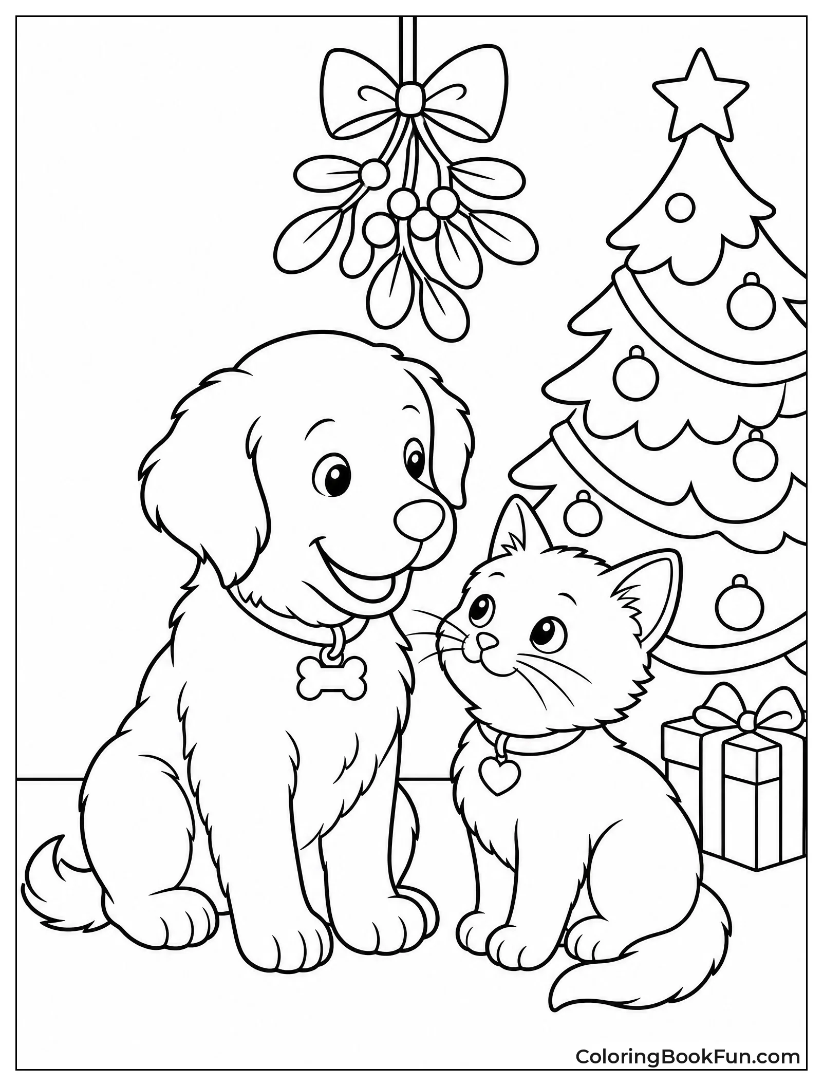 Puppy and Kitten under Mistletoe