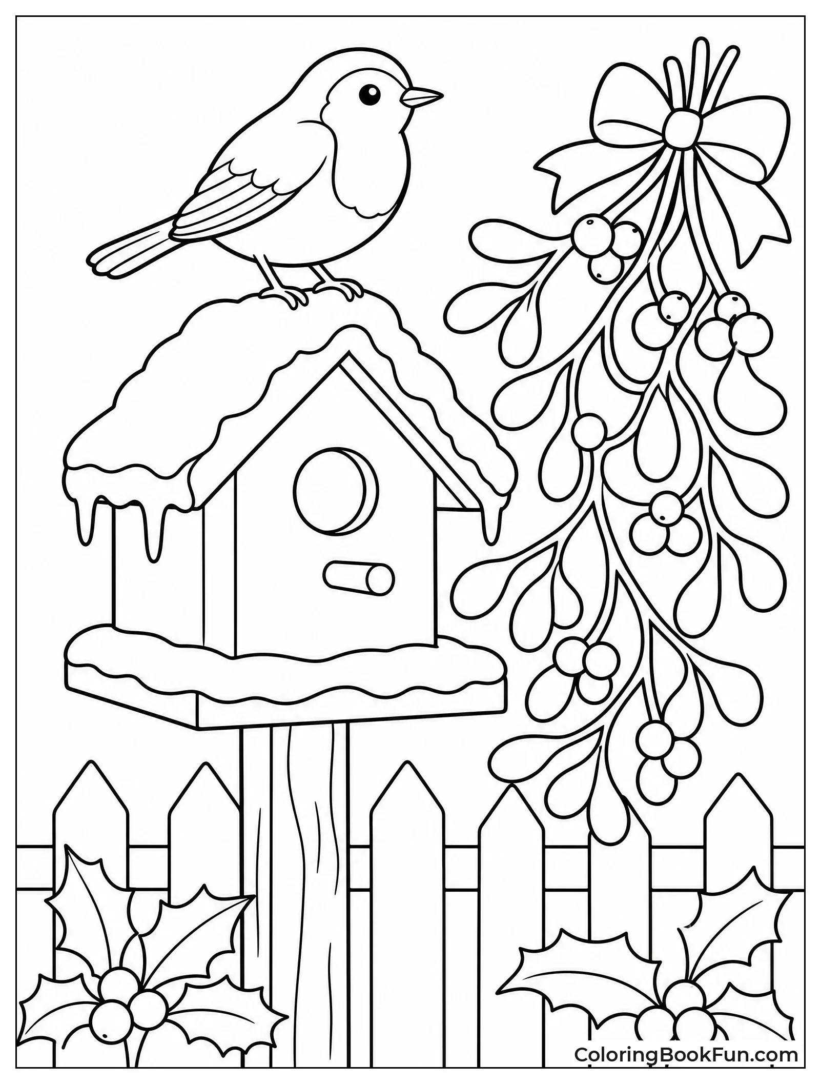 Robin on Birdhouse near Mistletoe
