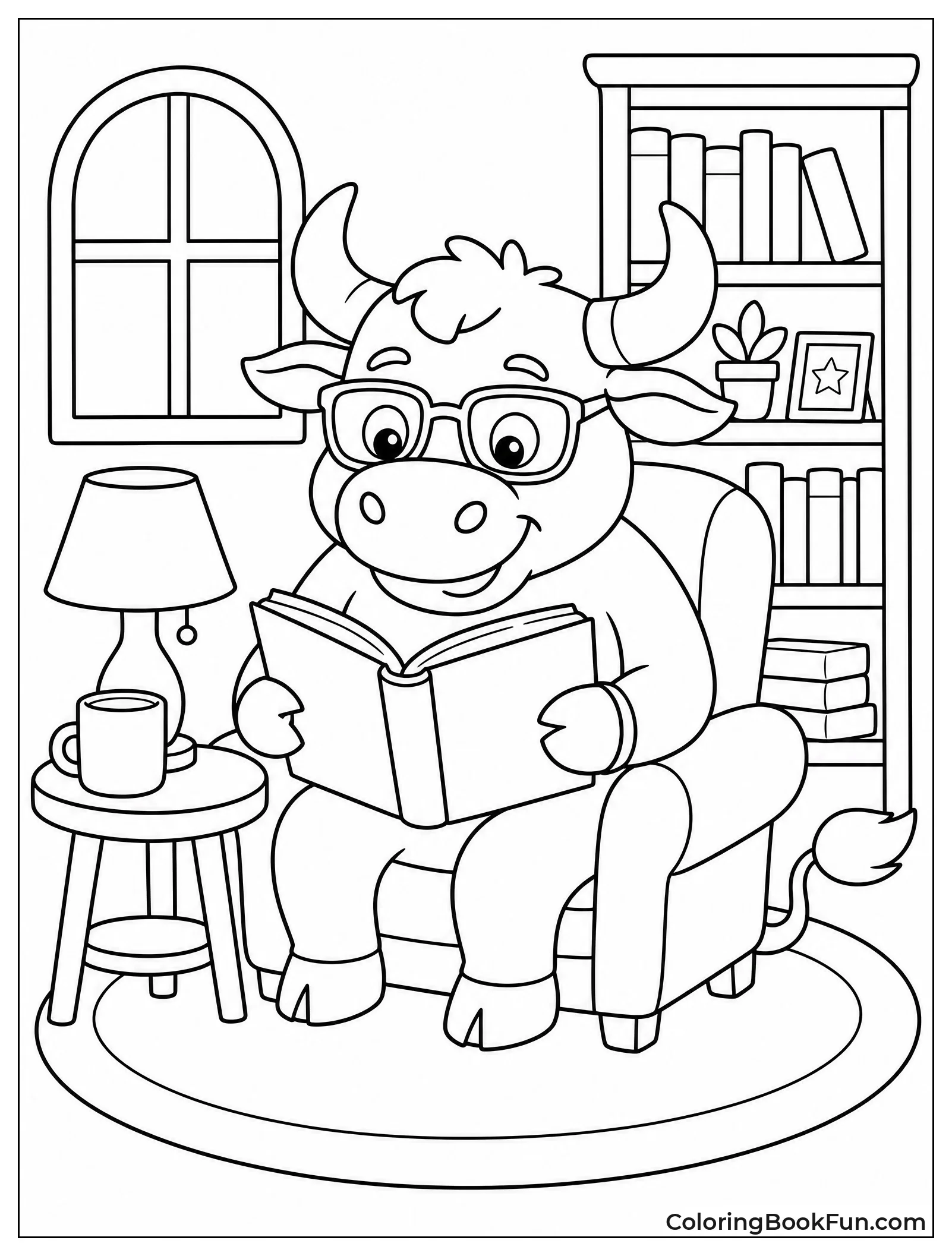 Bull Reading Book With Glasses