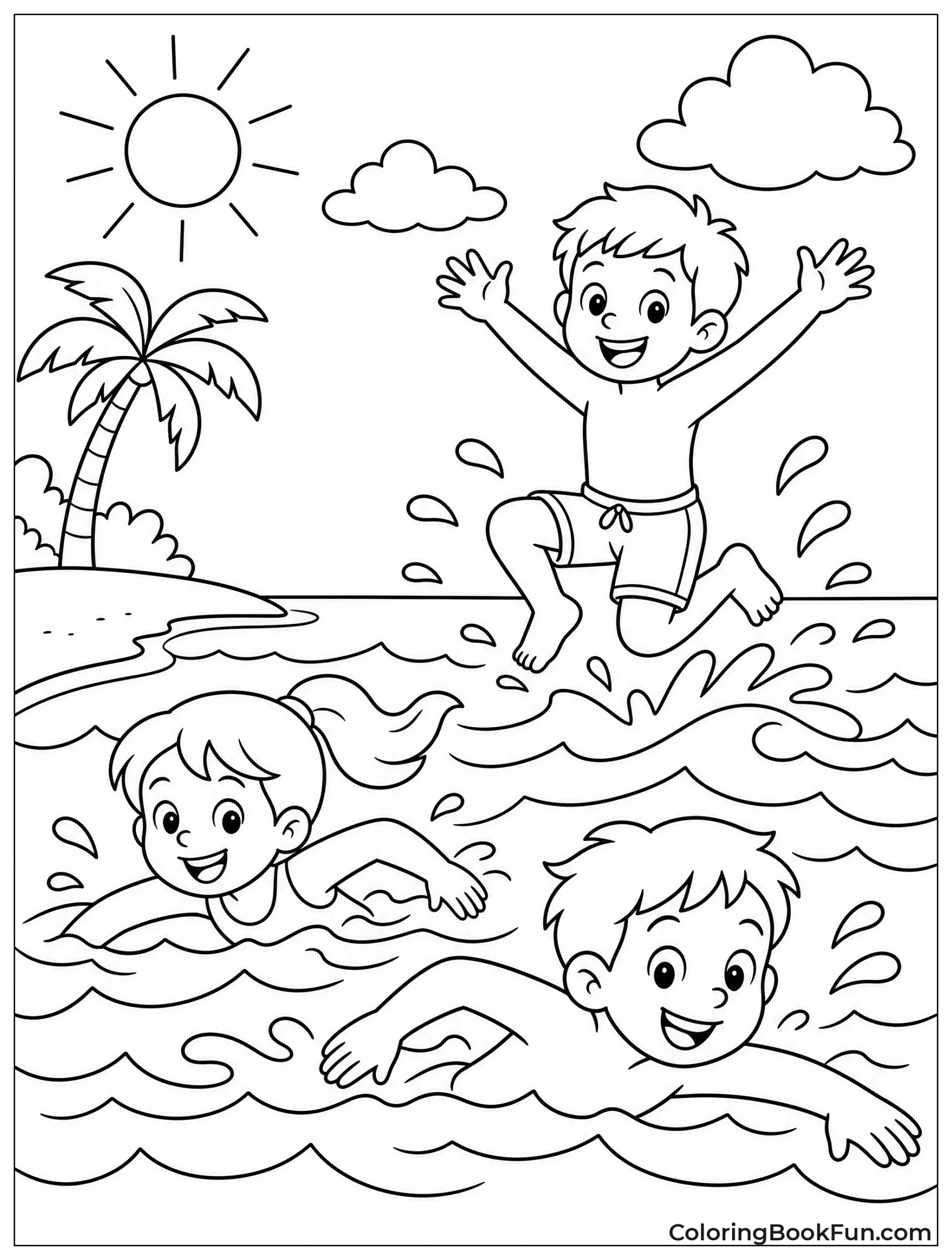 Kids Swim in Ocean Waves