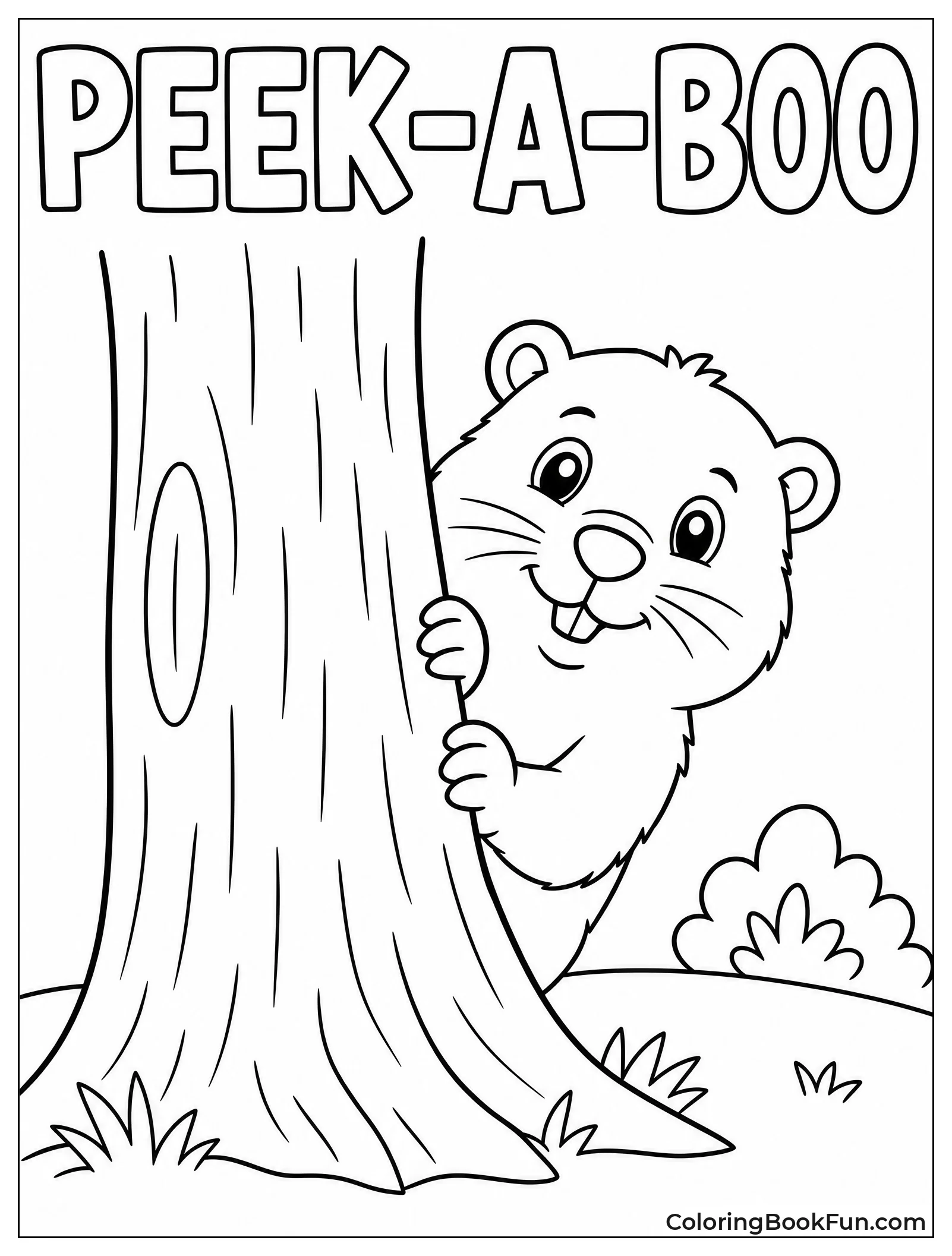 Groundhog Peeking from Behind a Tree