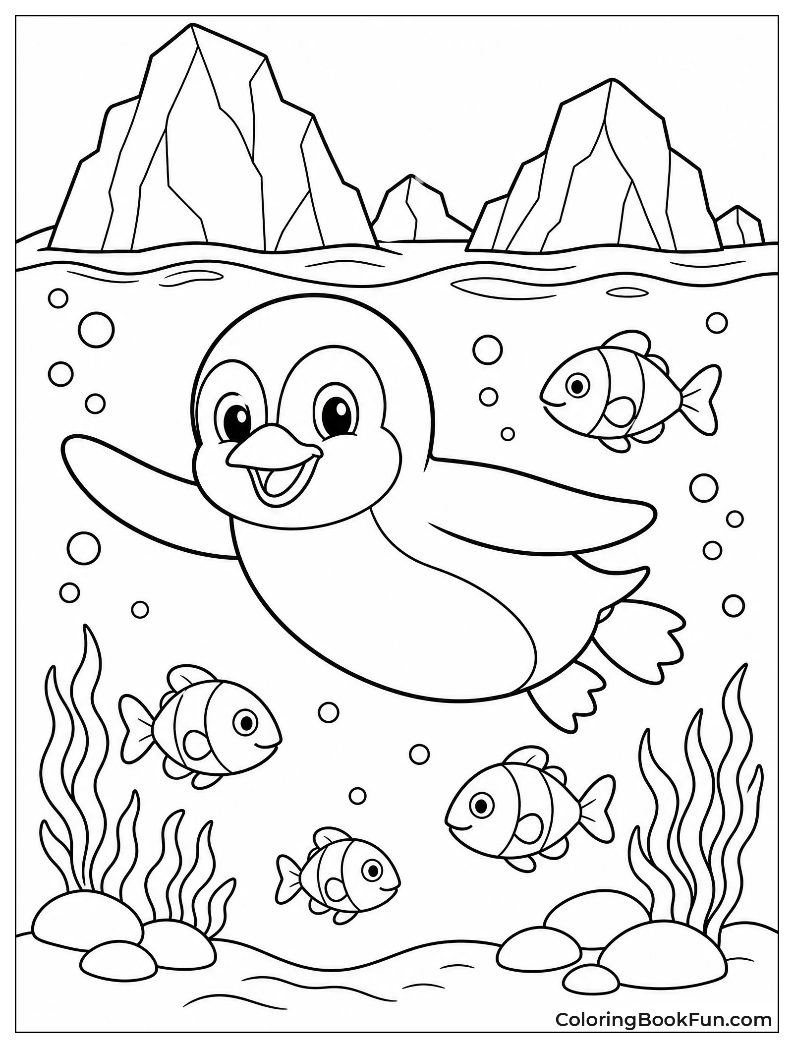Penguin Glides Underwater with Fish
