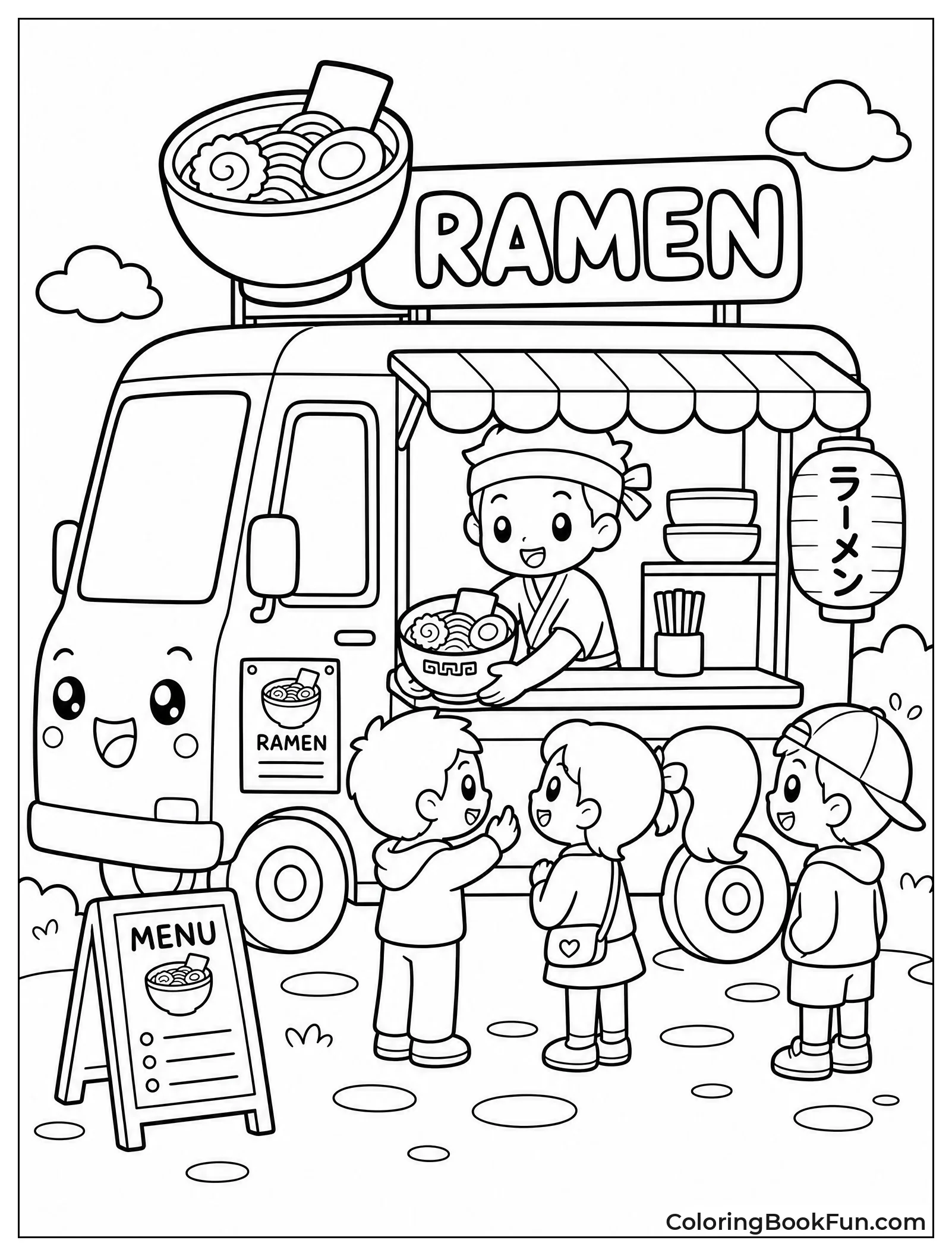 Ramen Truck with Customers Lining Up