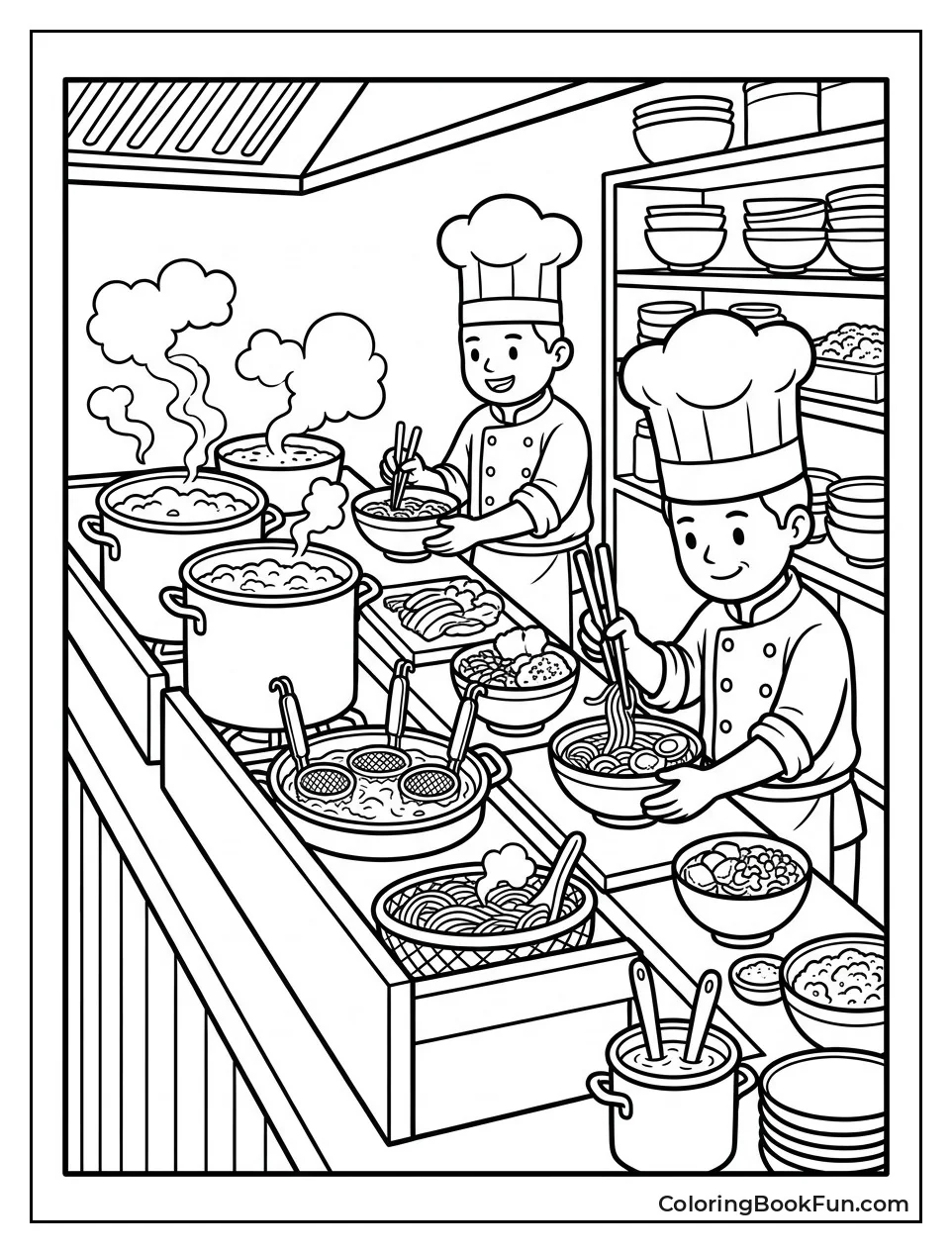 Busy Kitchen with Simmering Broth