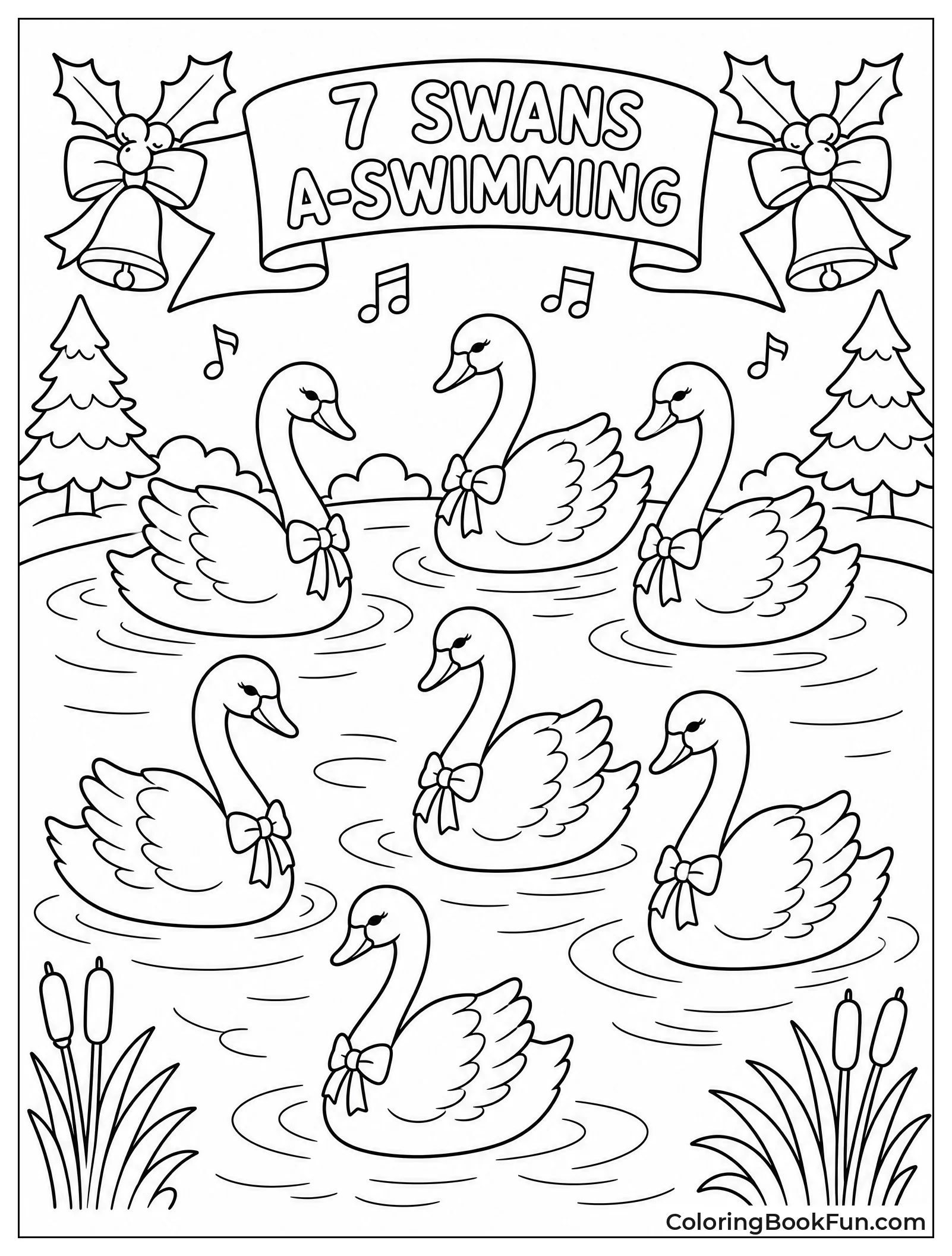 Seven Swans Glide Across Pond