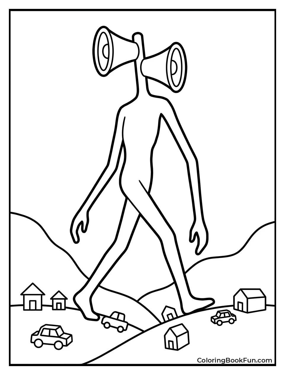 Siren Head Walking past Tiny Houses