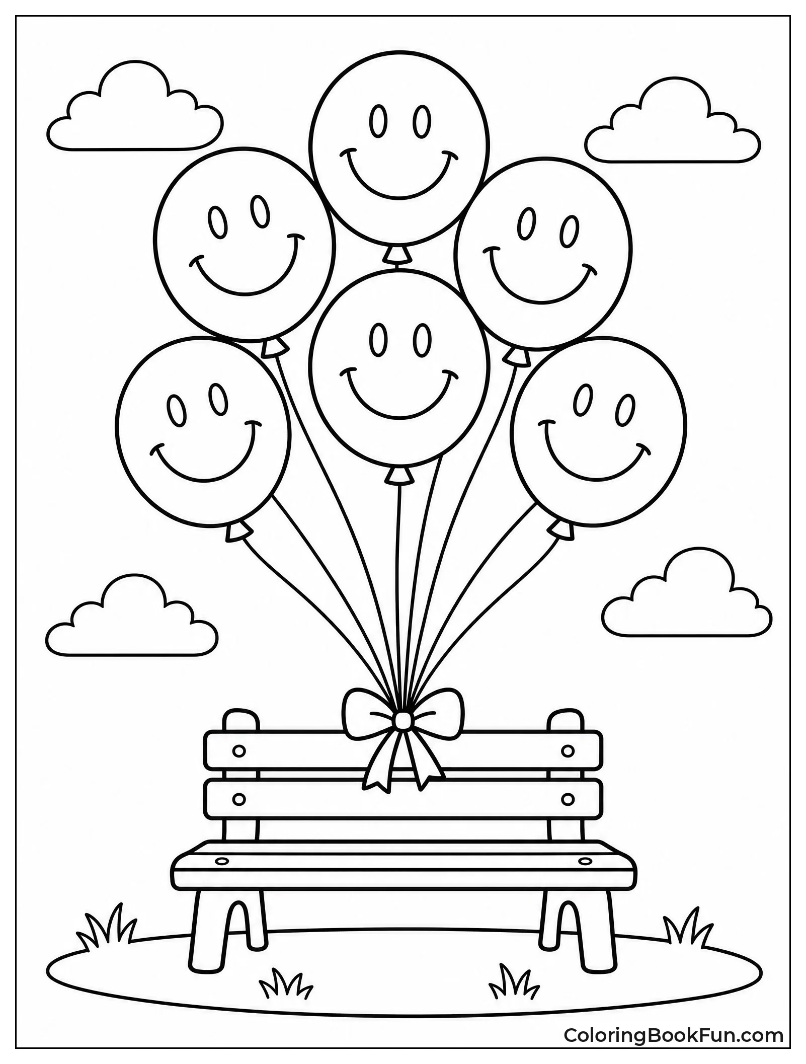 Smiley Balloons Floating Above Bench
