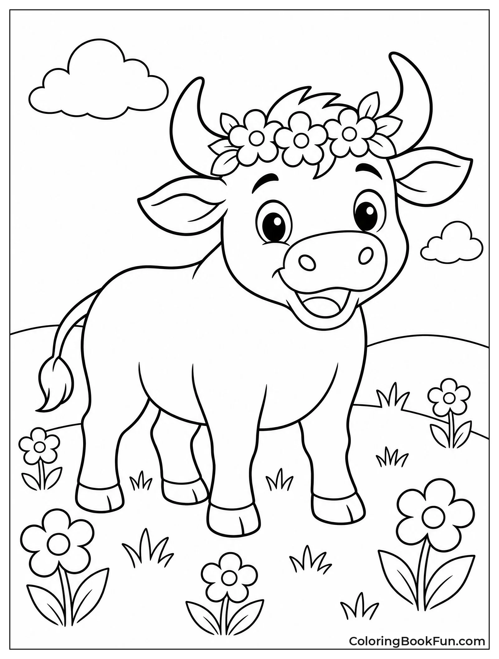 Bull Smiling in Flower Crown