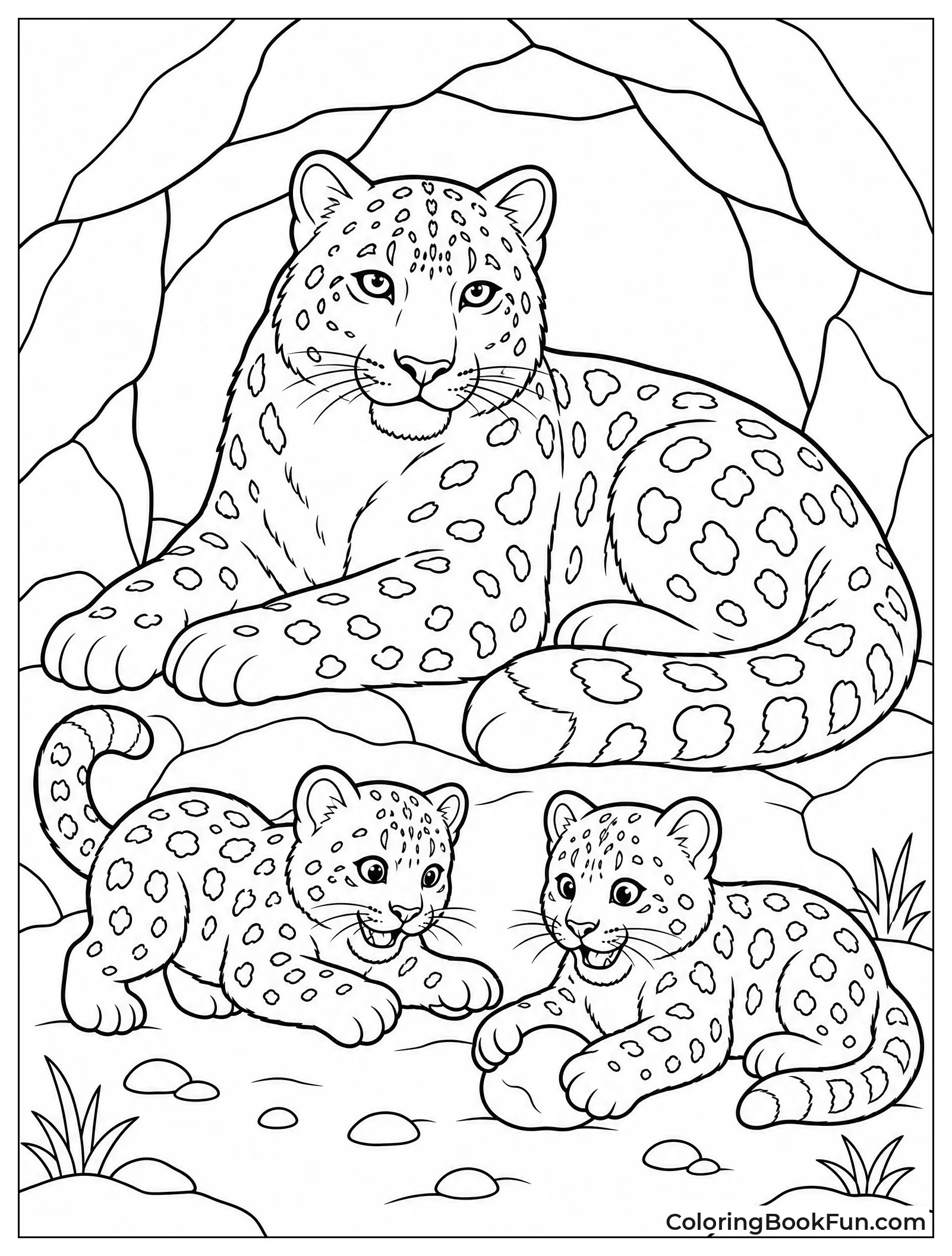 Snow Leopard Rests with Two Cubs