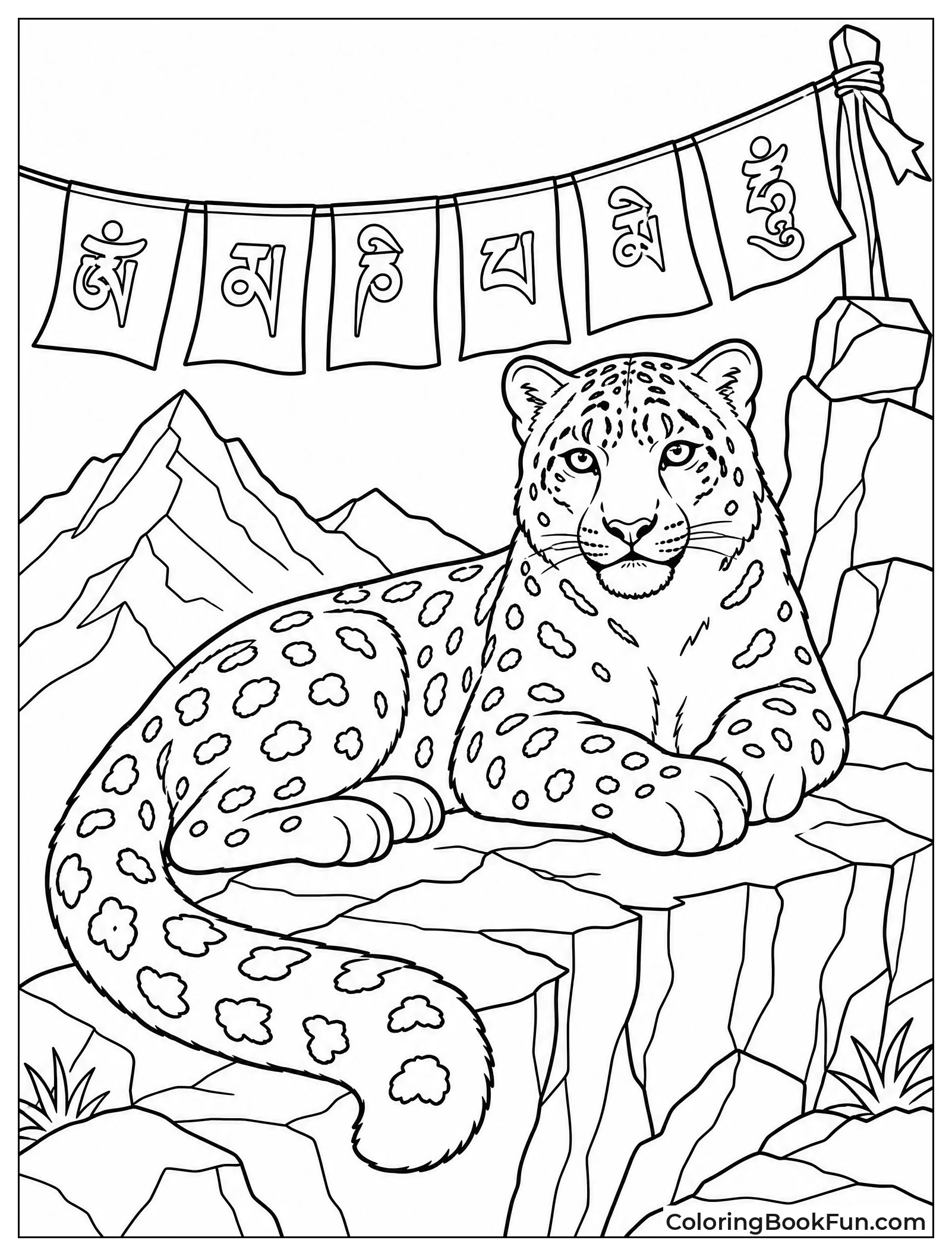 Snow Leopard Rests Near Prayer Flags