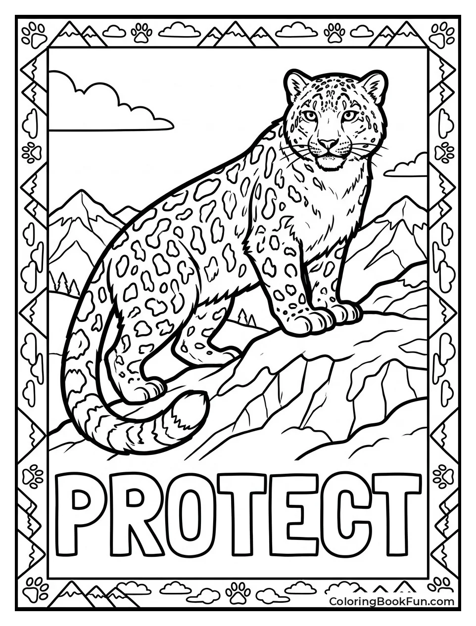 Snow Leopard Stands in Mountain Border