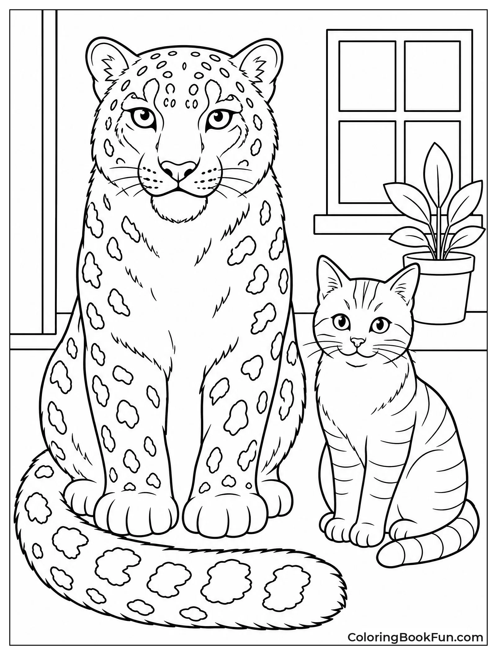 Snow Leopard Sits Beside House Cat