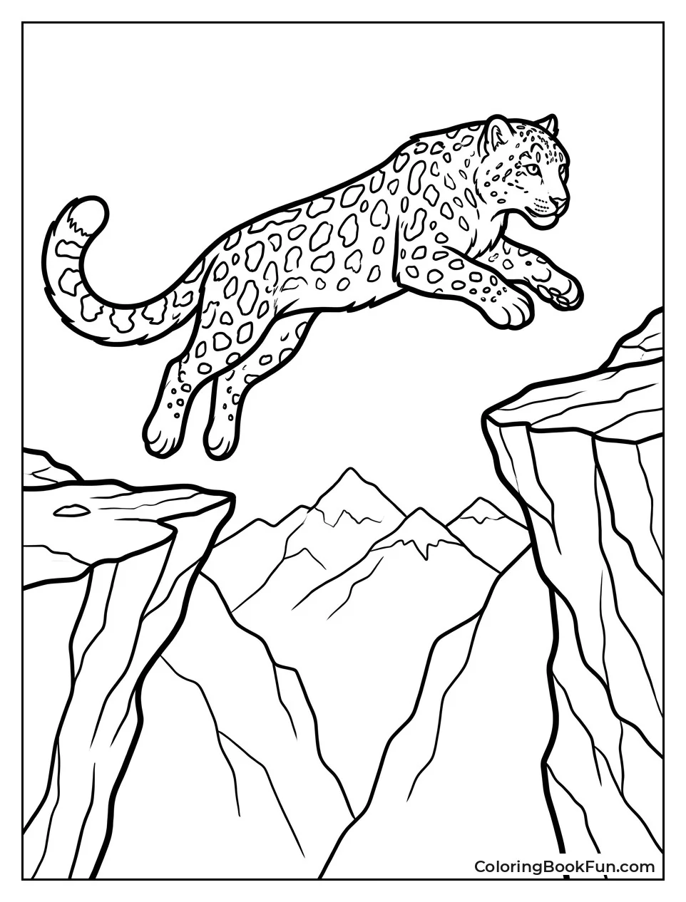 Snow Leopard Leaps Across Wide Chasm