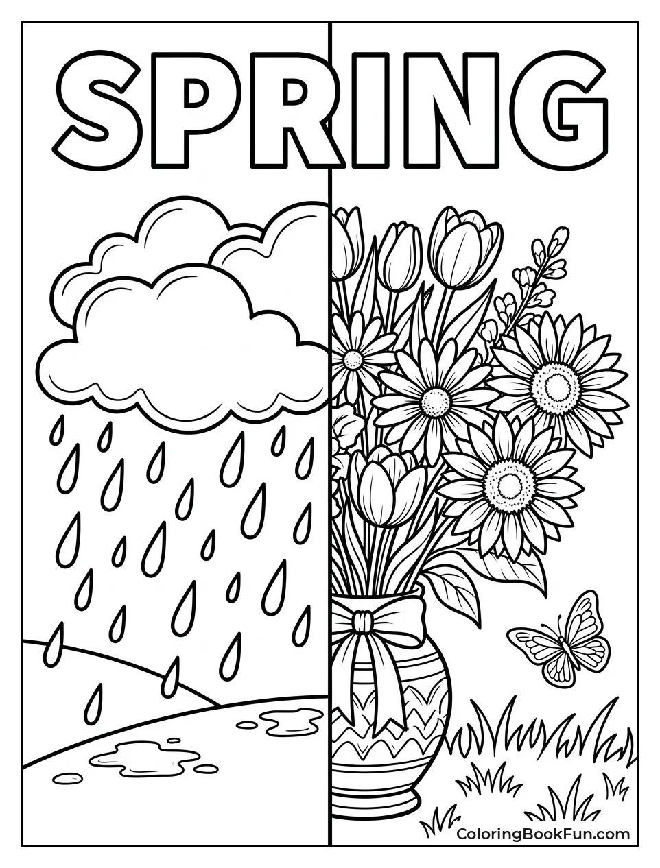 Split Scene of Rain and Flowers