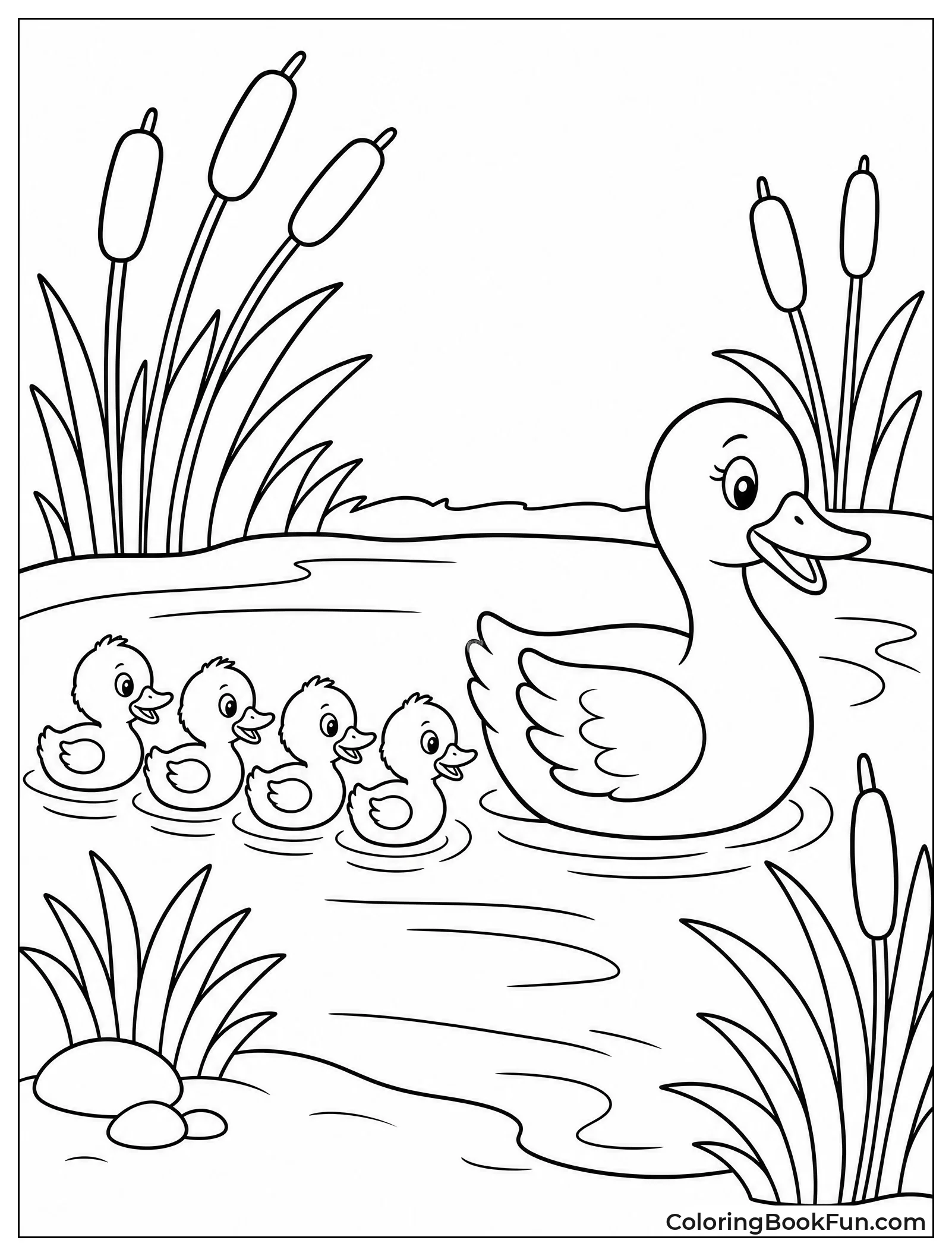 Mother Duck Leading Her Ducklings
