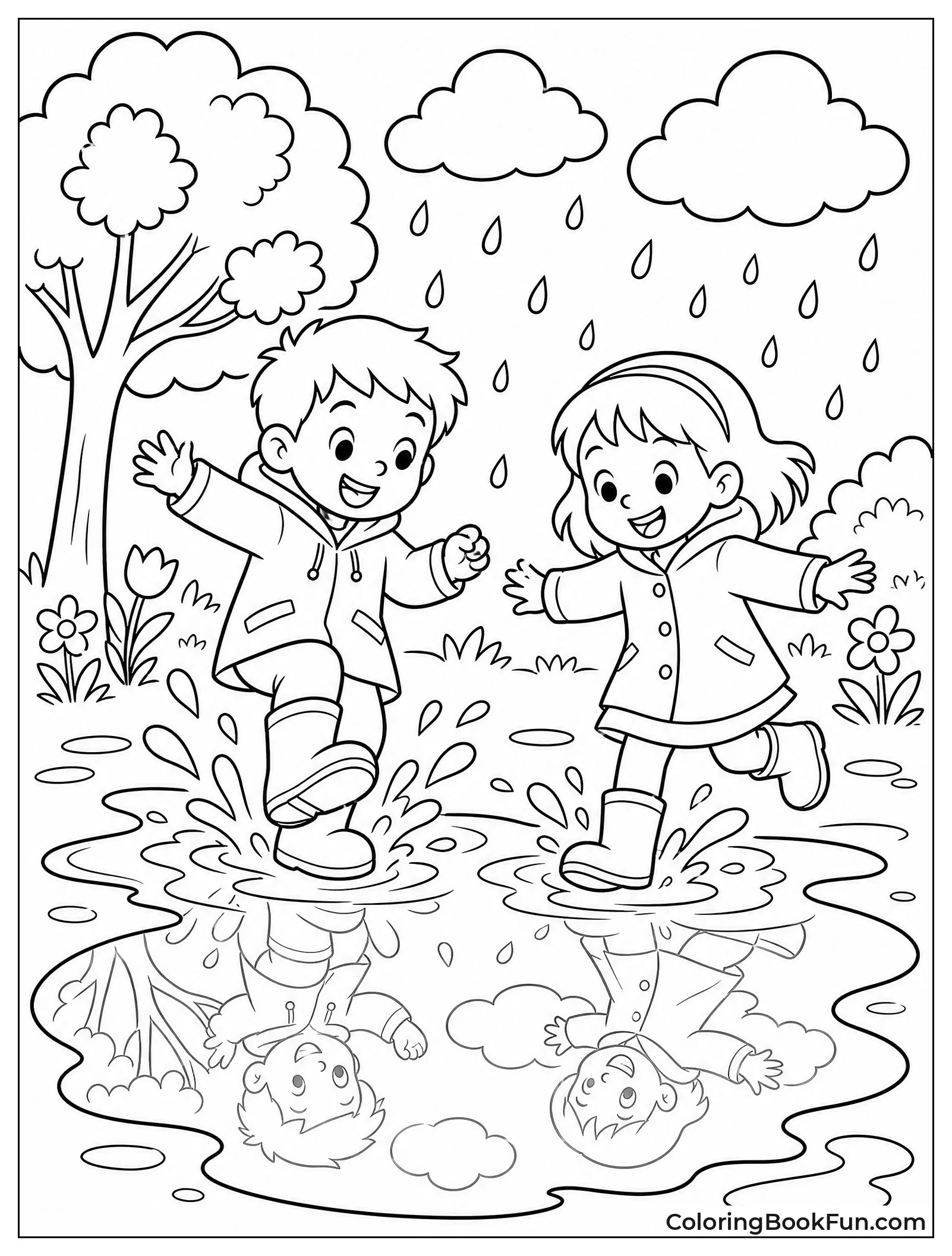 Kids Splashing in Rain Puddles