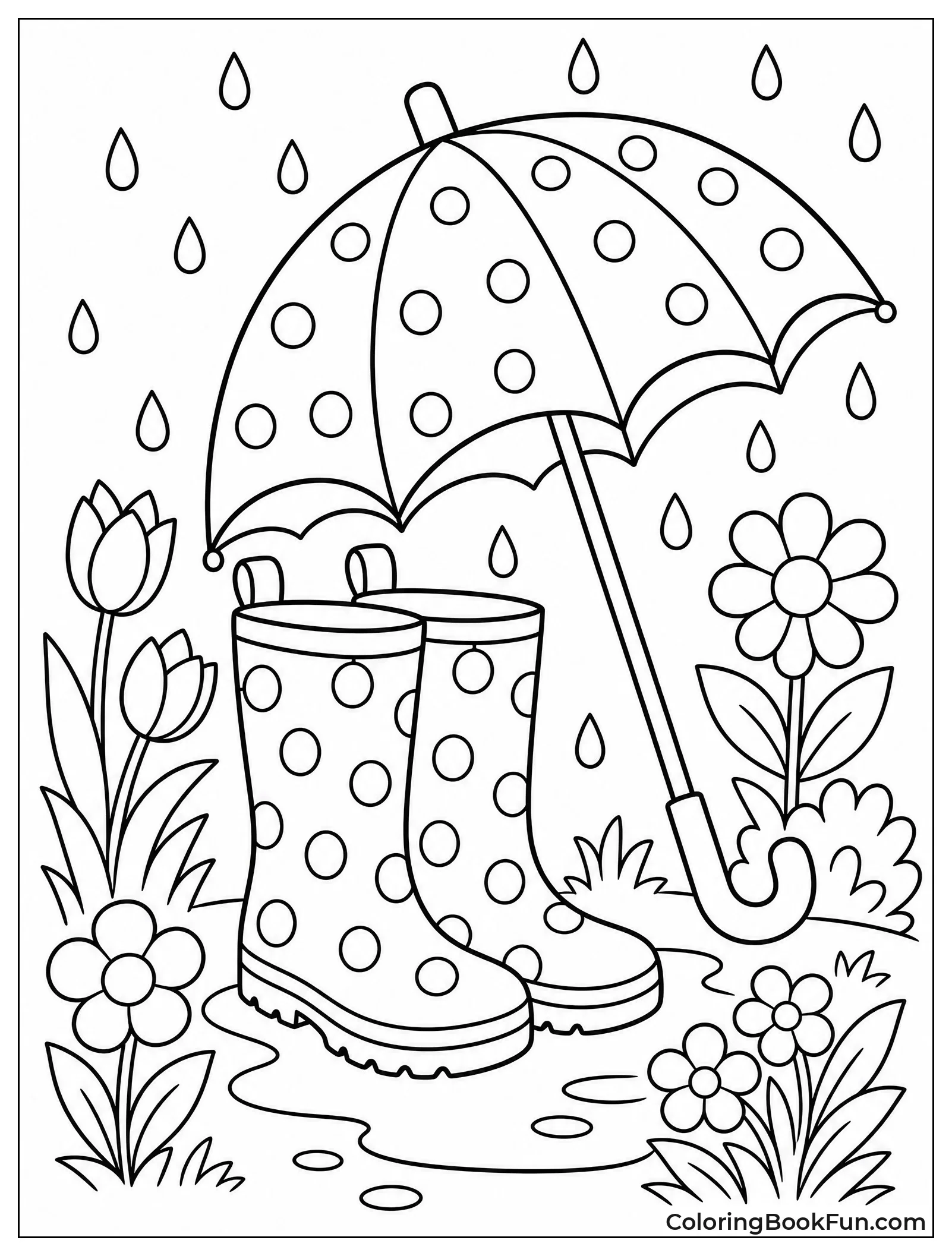 Colorful Boots and Umbrella in Rain