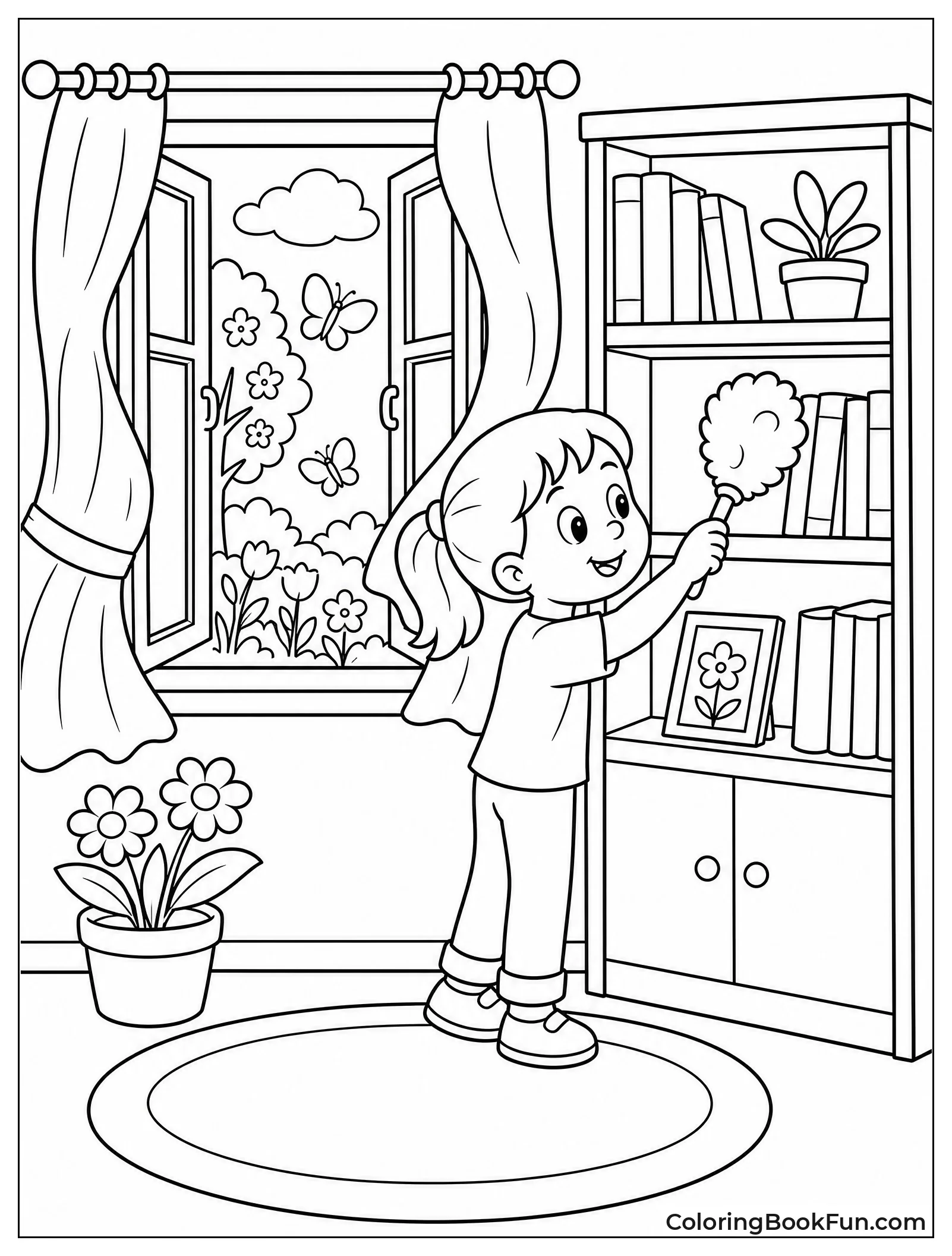 Child Dusting Bookshelf by Window