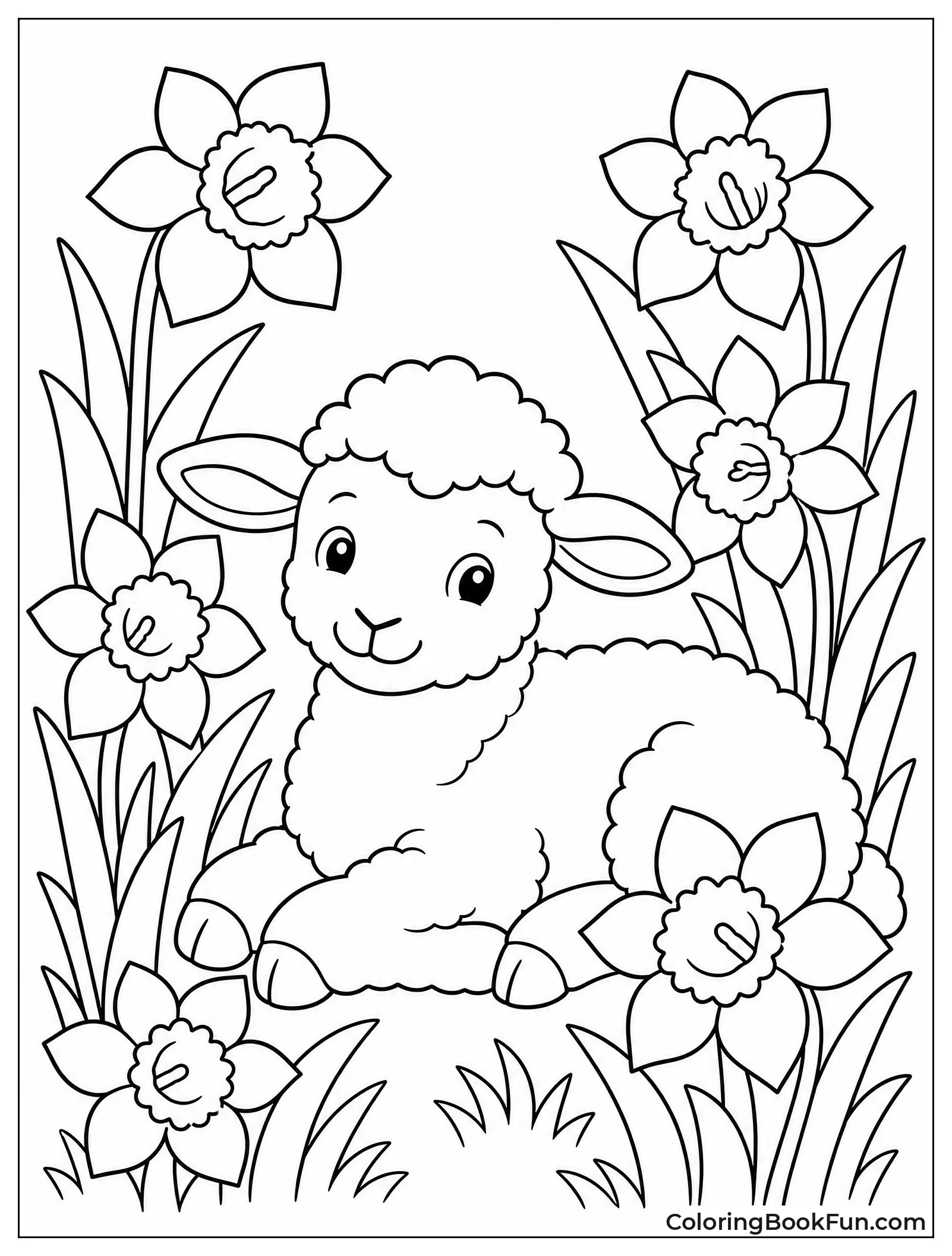 Lamb Resting Among Daffodils