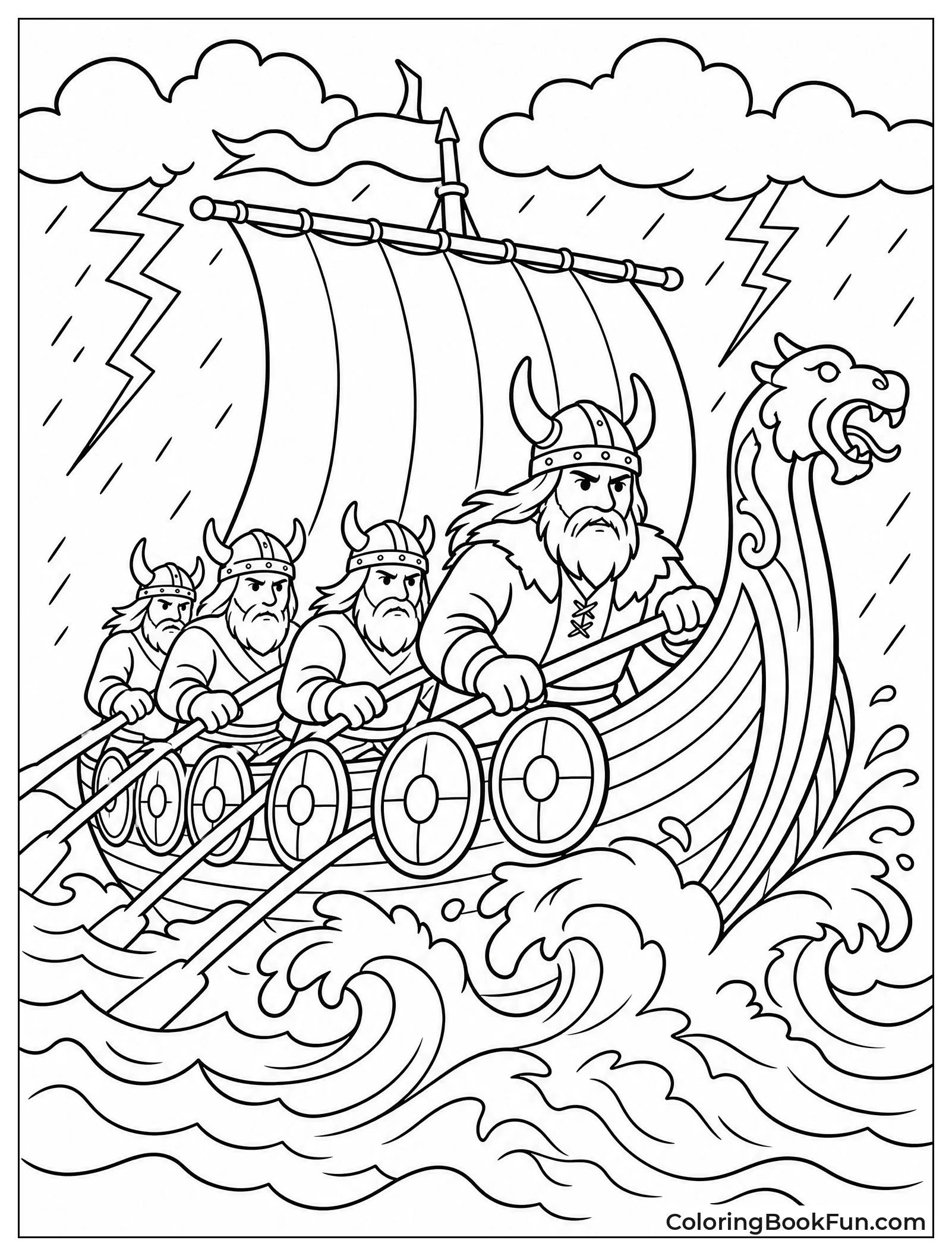 Vikings Row Through Stormy Seas