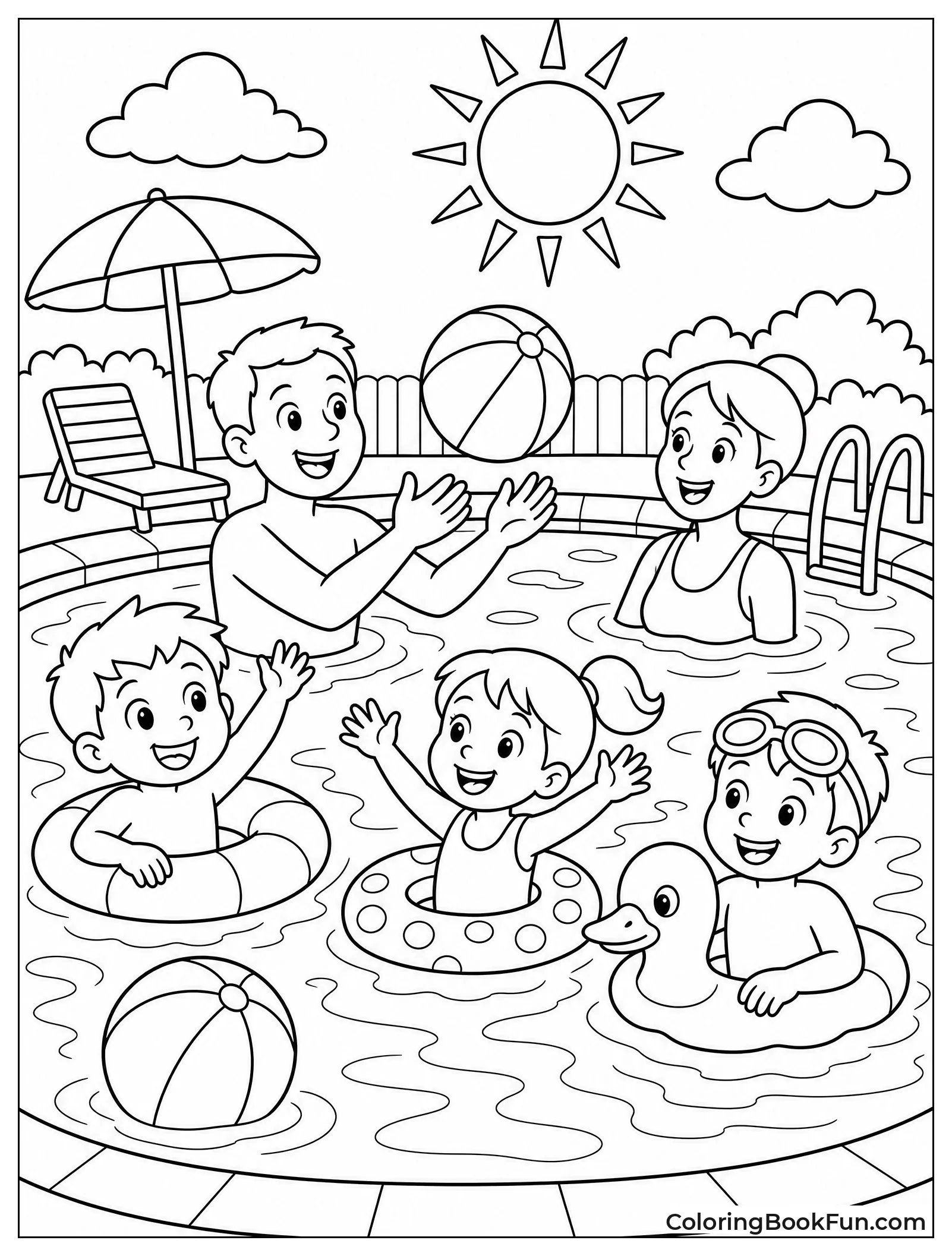Children Swim in Sunny Pool