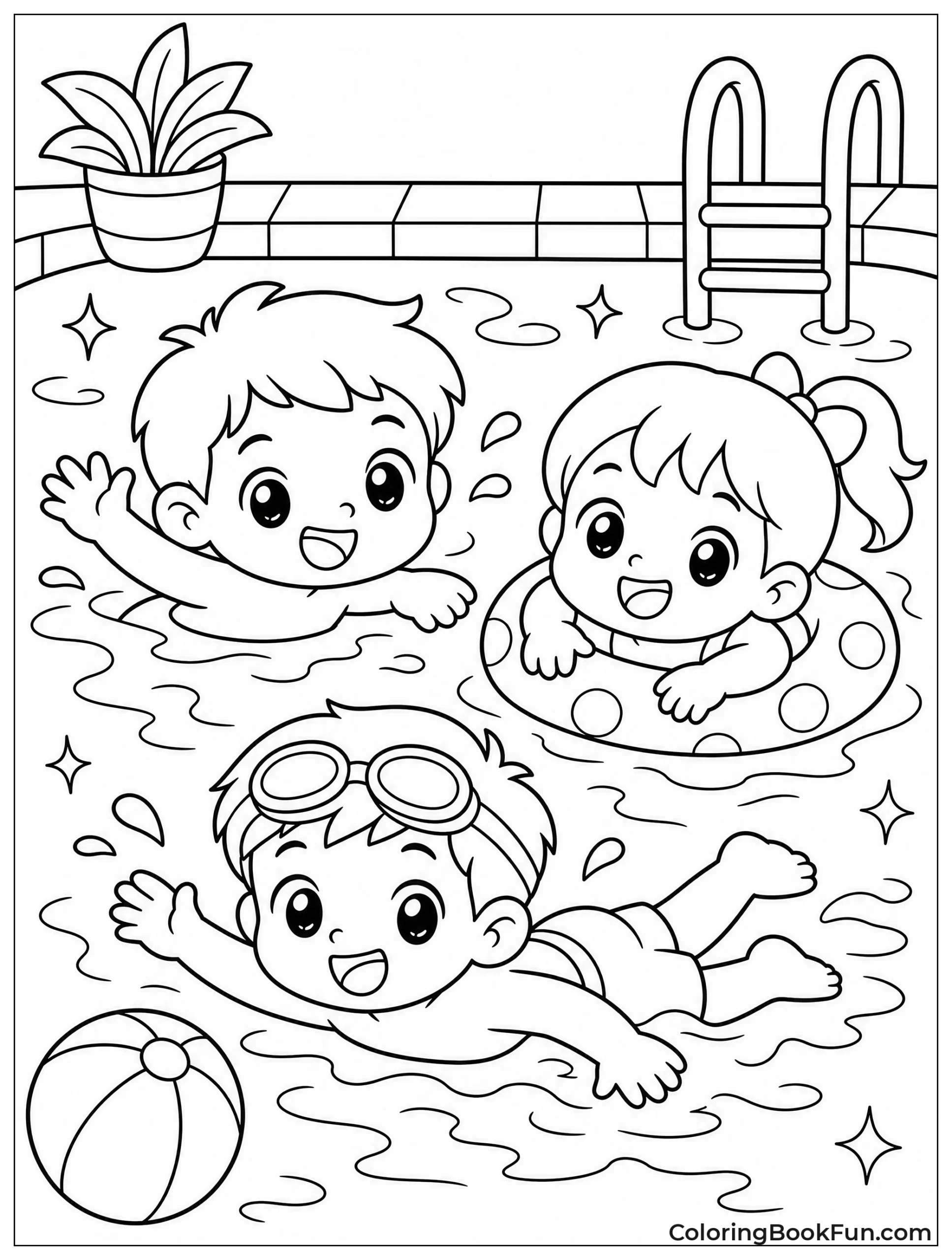 Cute Kids Swim in Pool