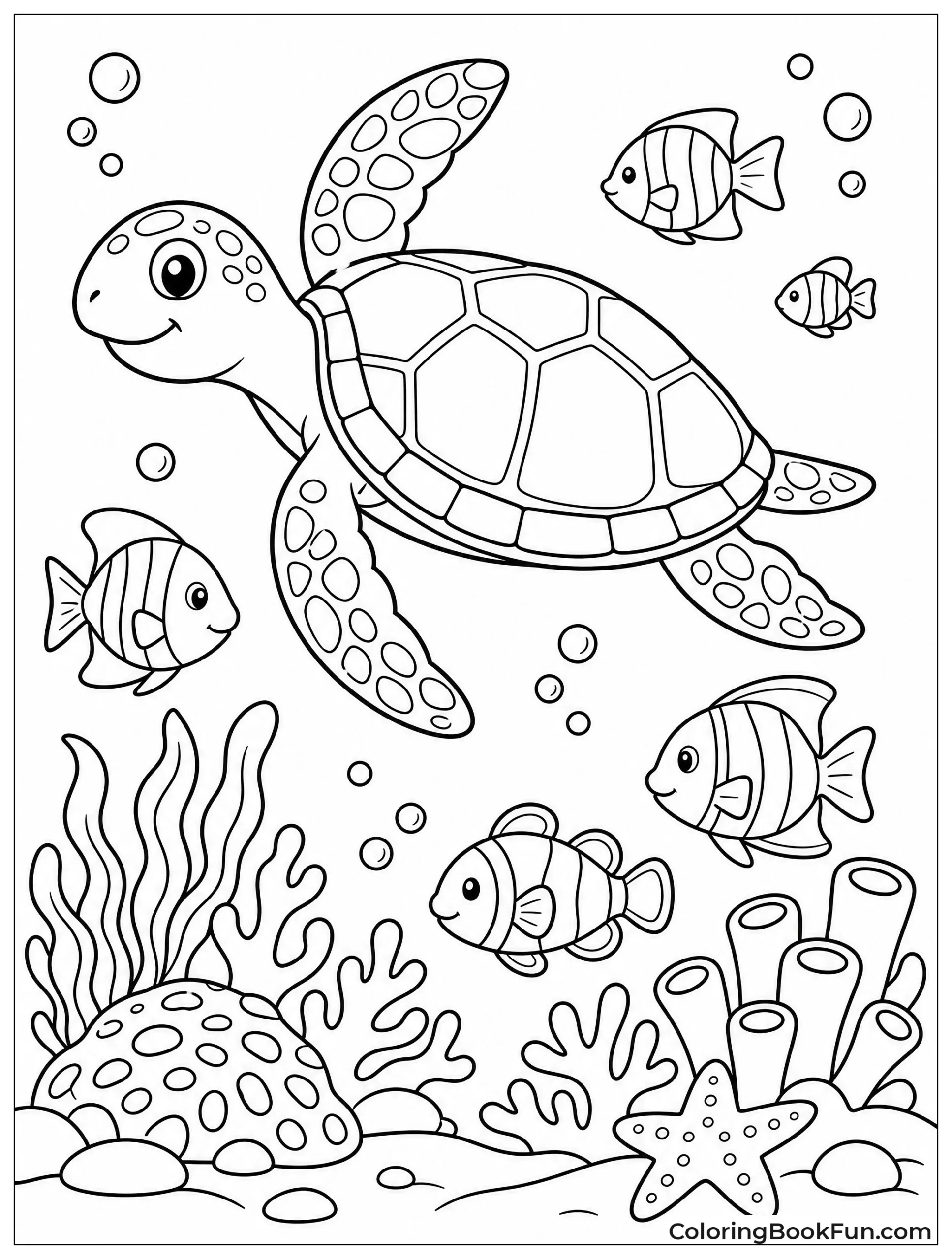 Sea Turtle Swims with Fish