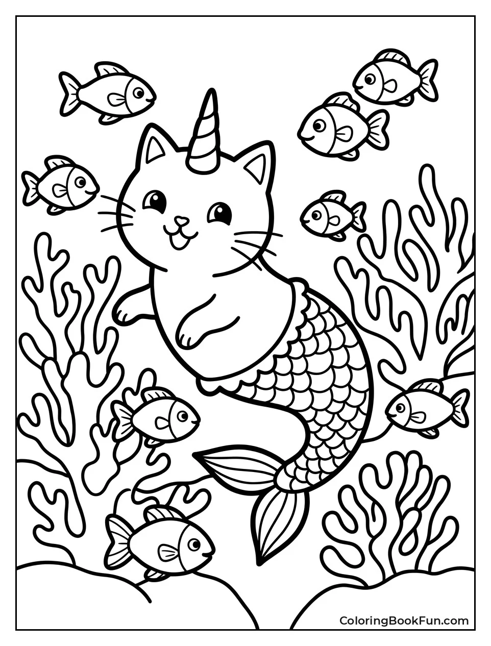 Mermaid Kittycorn Swimming with Fish