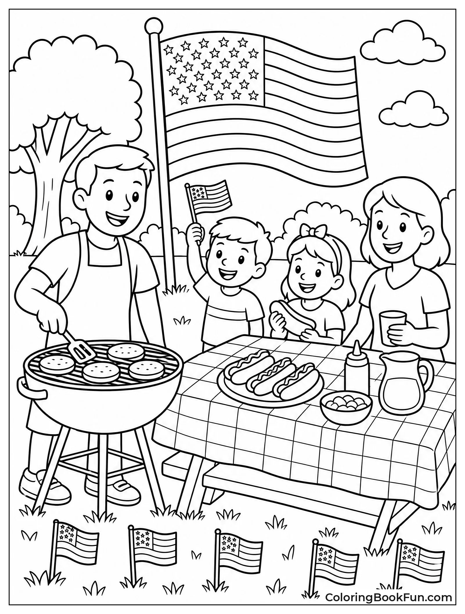 Family Picnic with Burgers and Flags