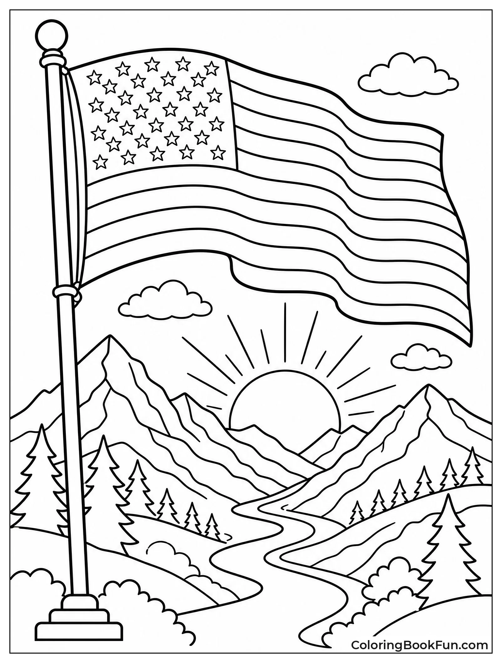 Flag Waving over Mountain Valley