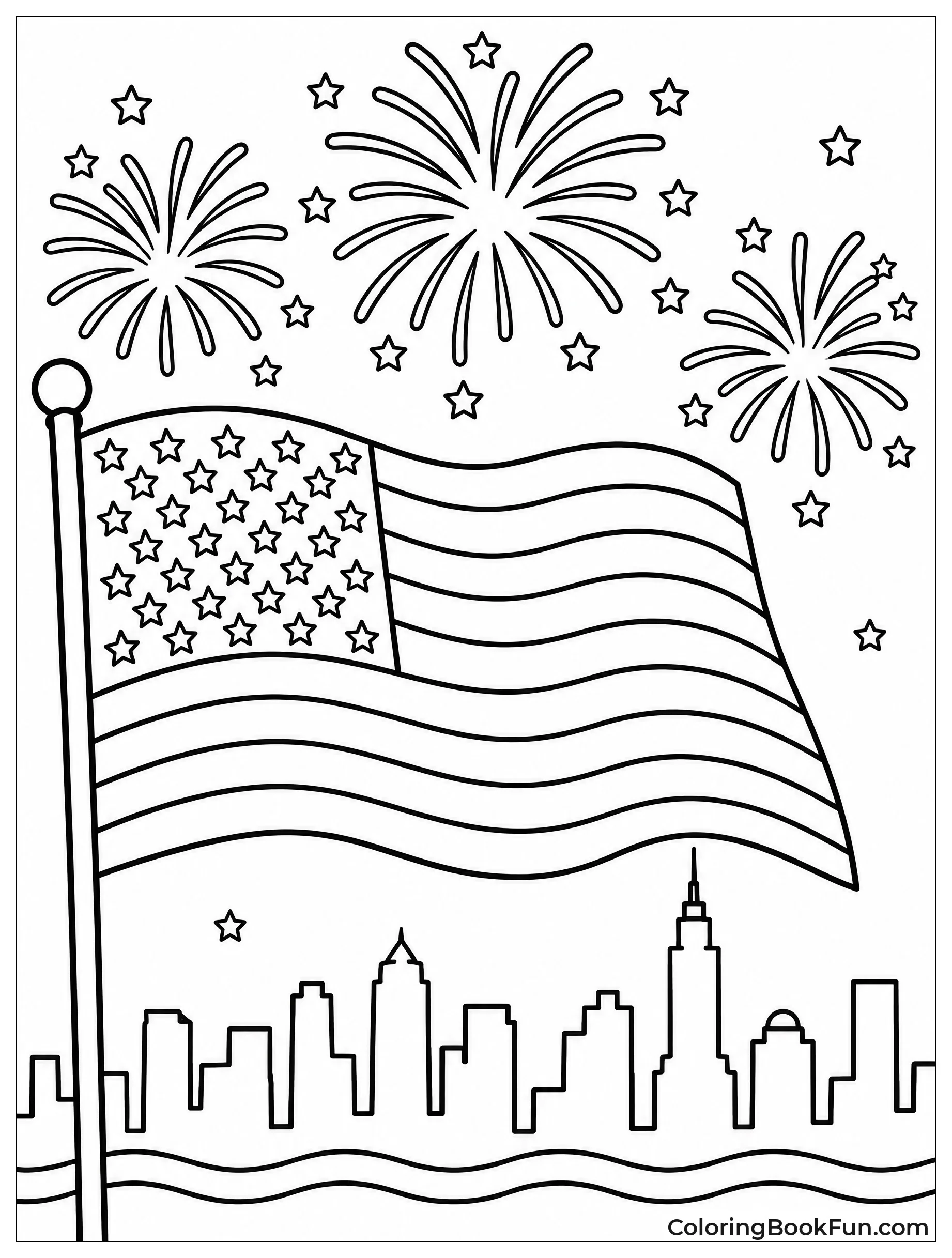 Fireworks Exploding over American Flag