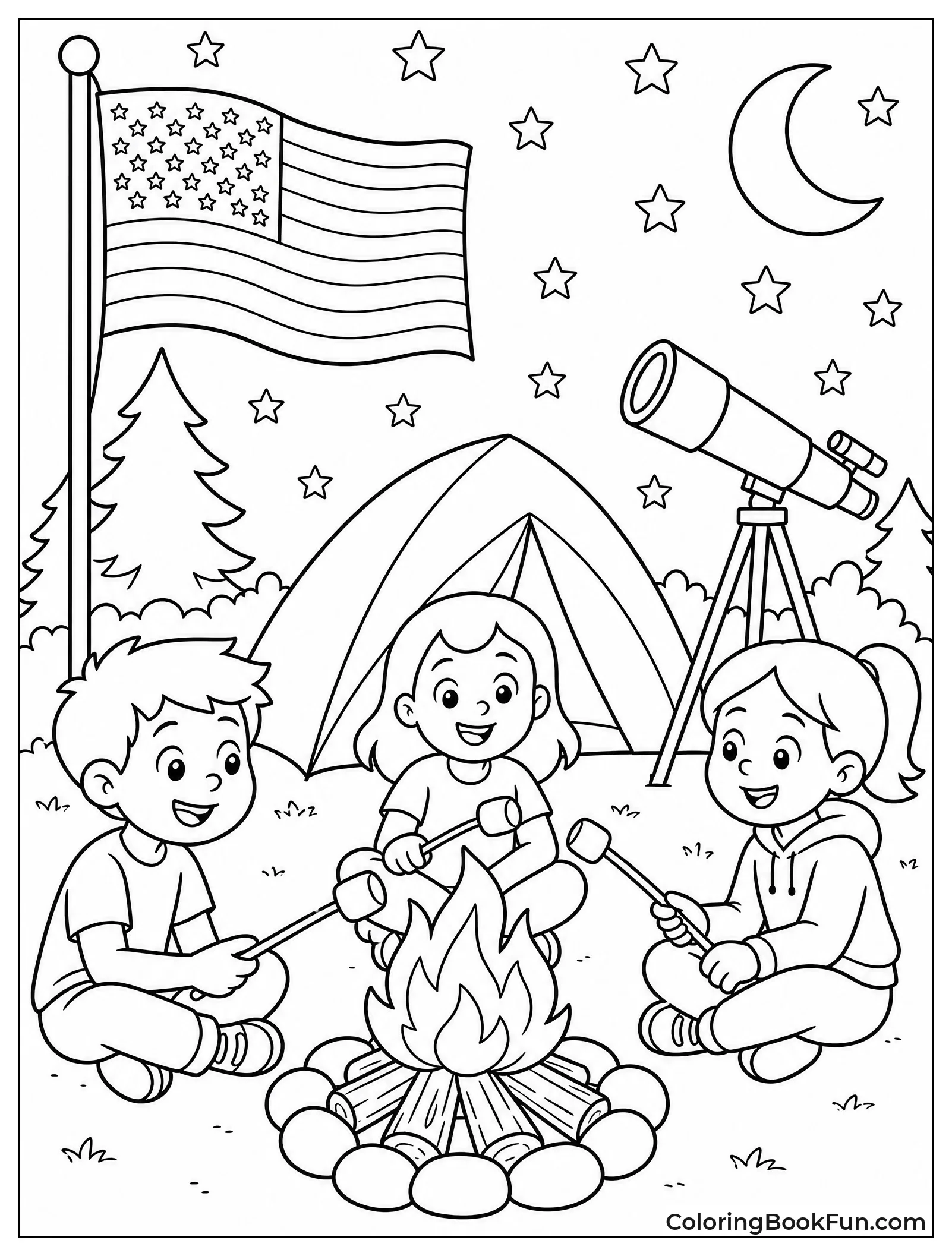 Friends Roasting Marshmallows by Campfire