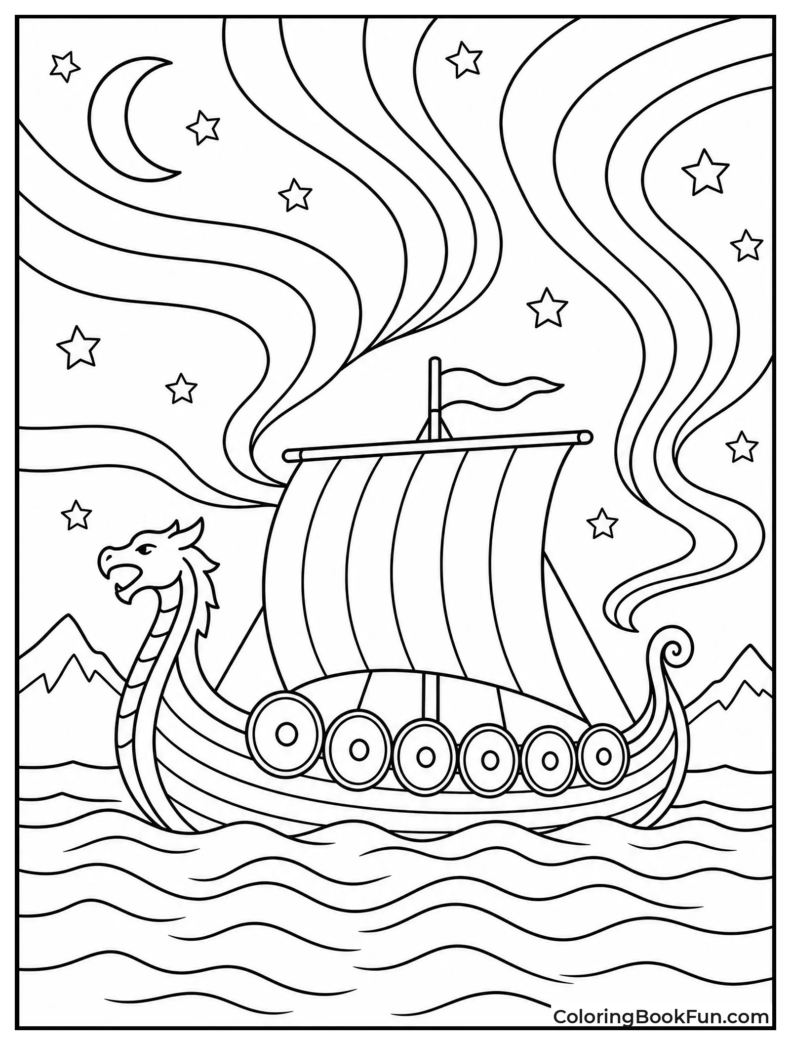 Longship Sails Under Northern Lights