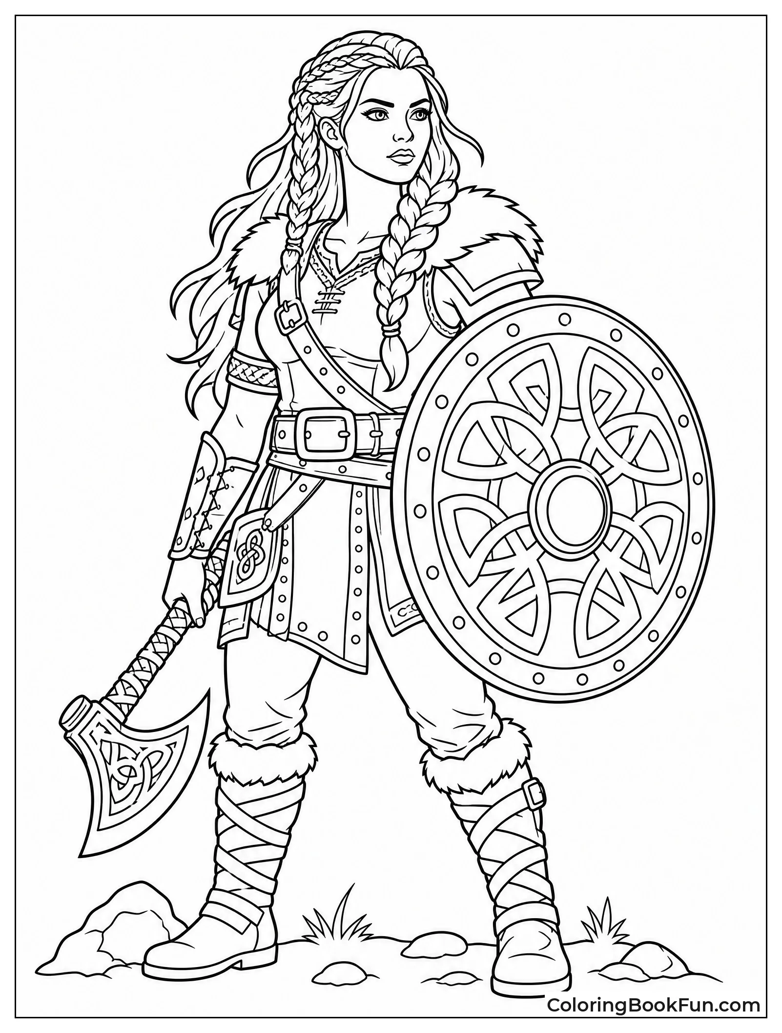Shieldmaiden Holds Decorated Shield