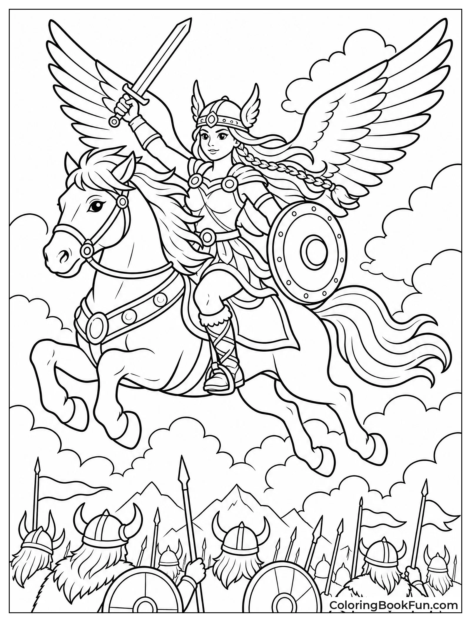 Valkyrie Rides Horse Through Clouds