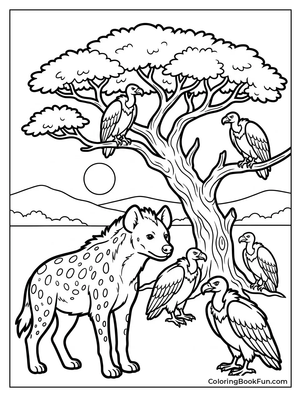 Hyena with Vultures Near Tree