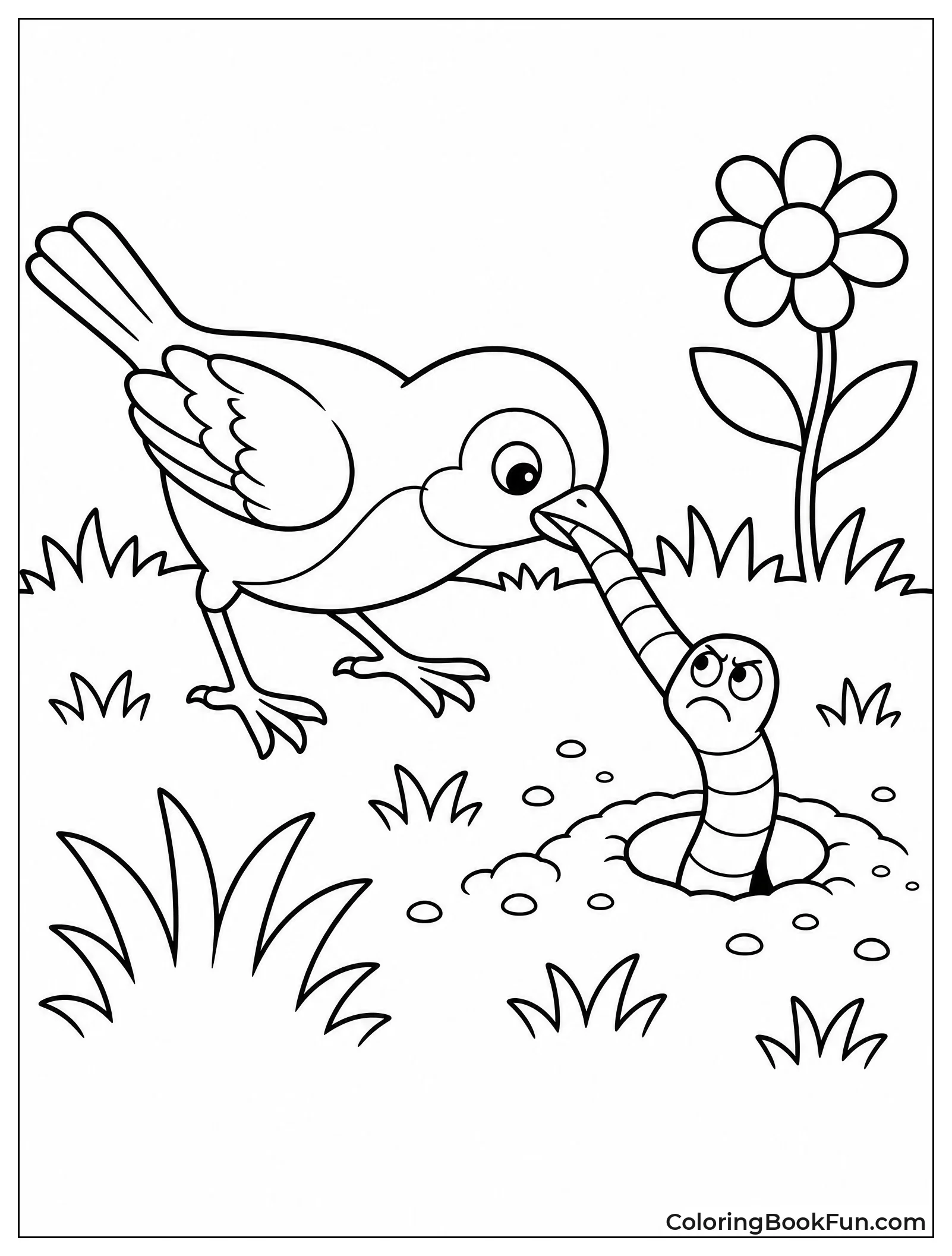 Bird Pulls Worm From Grass