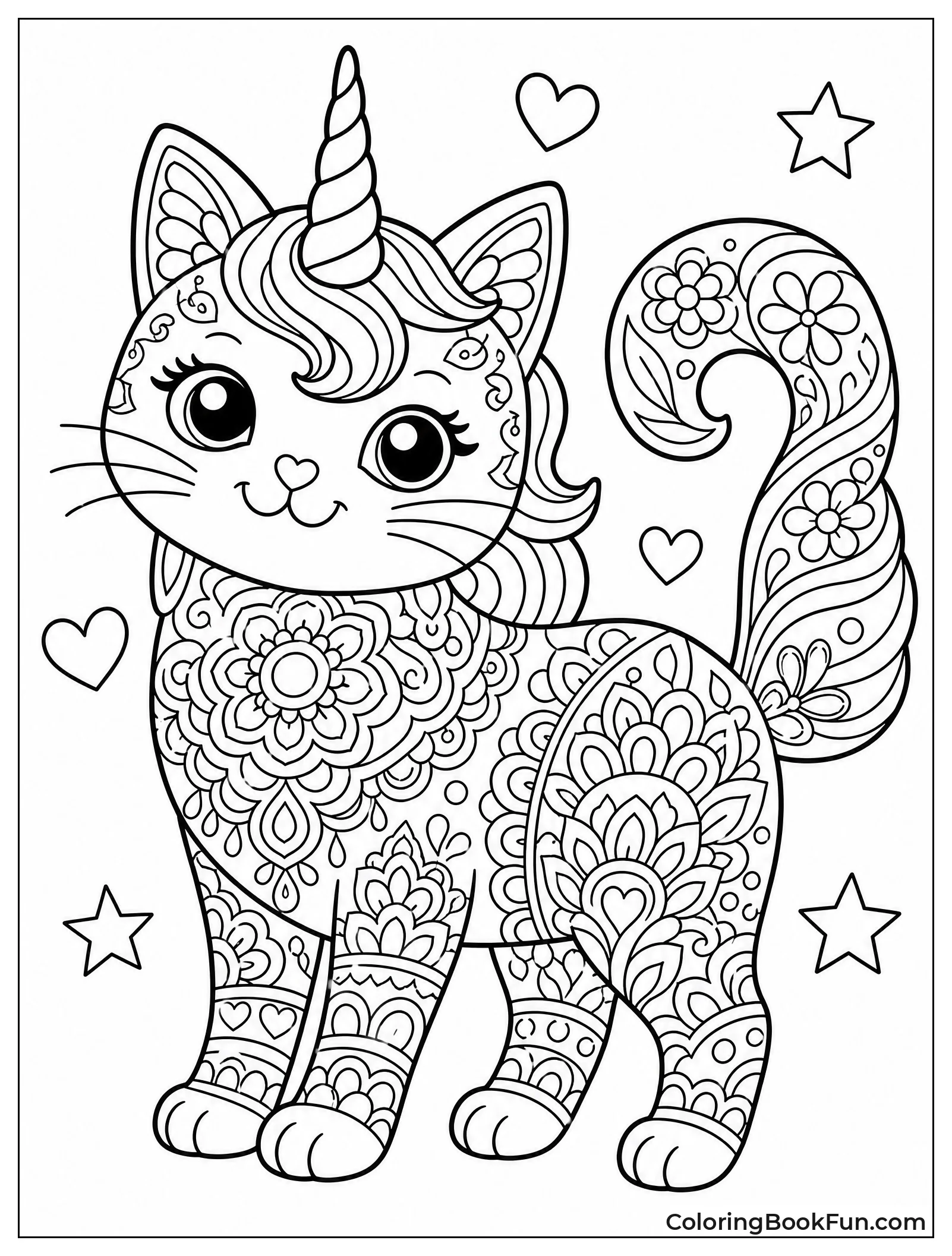 Zentangle Kittycorn with Floral Patterns