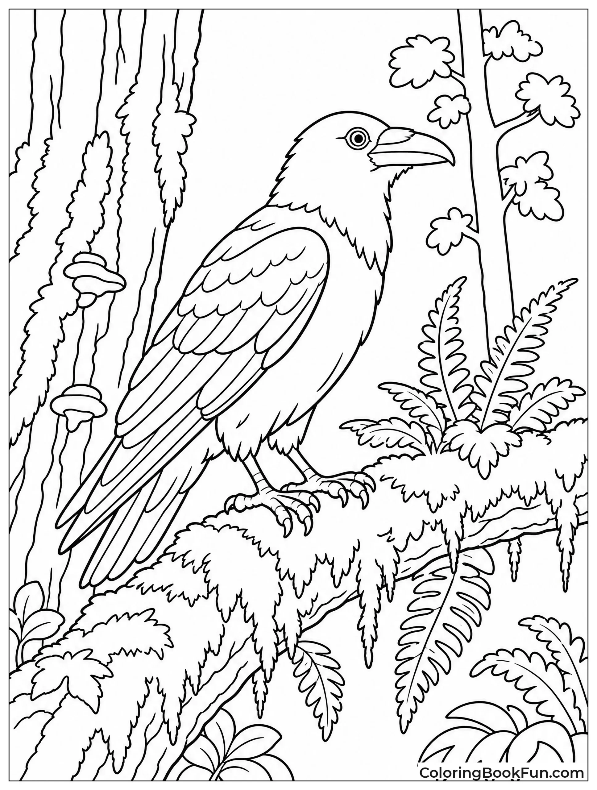 Raven Perches in Mossy Forest