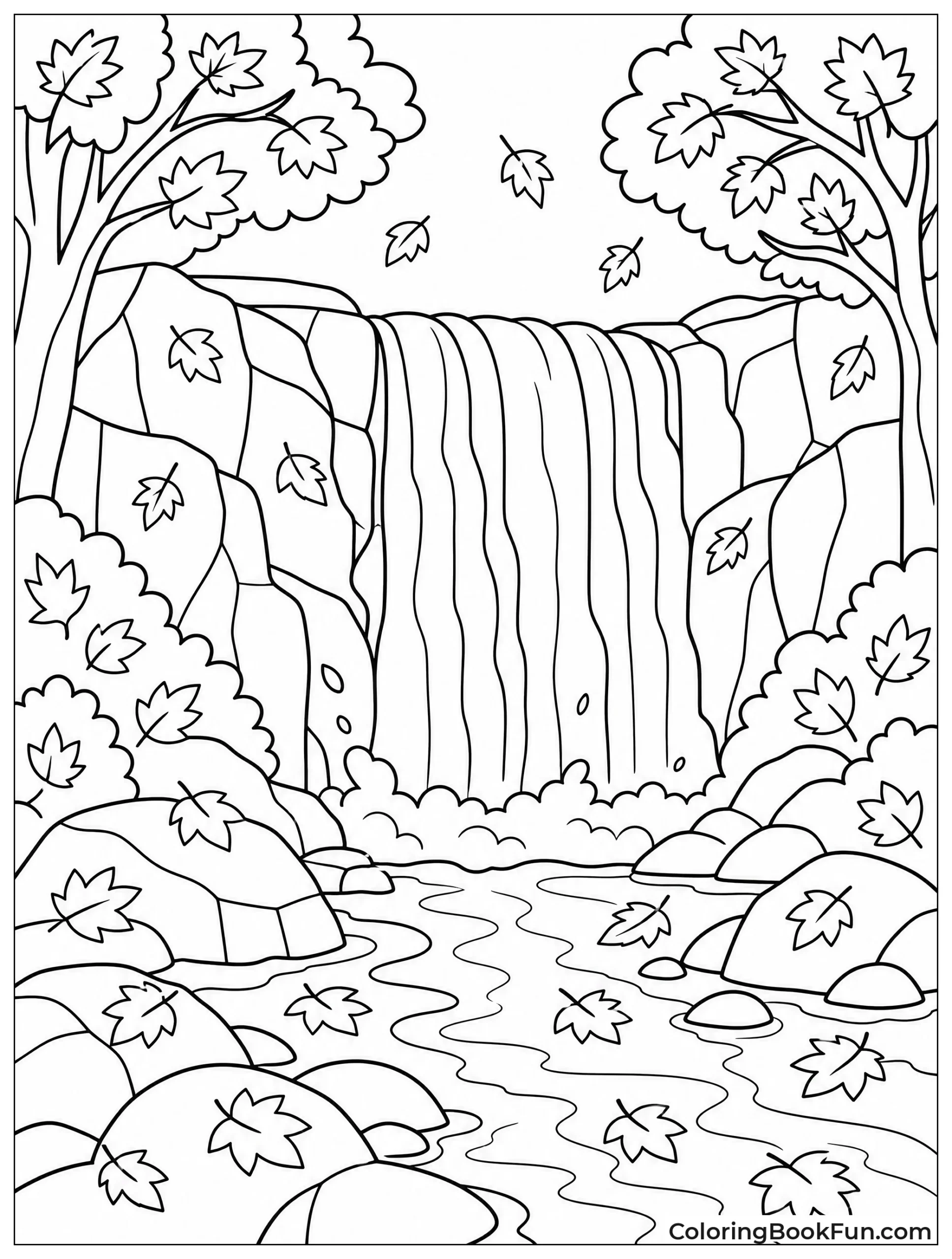 Waterfall with Colorful Autumn Leaves