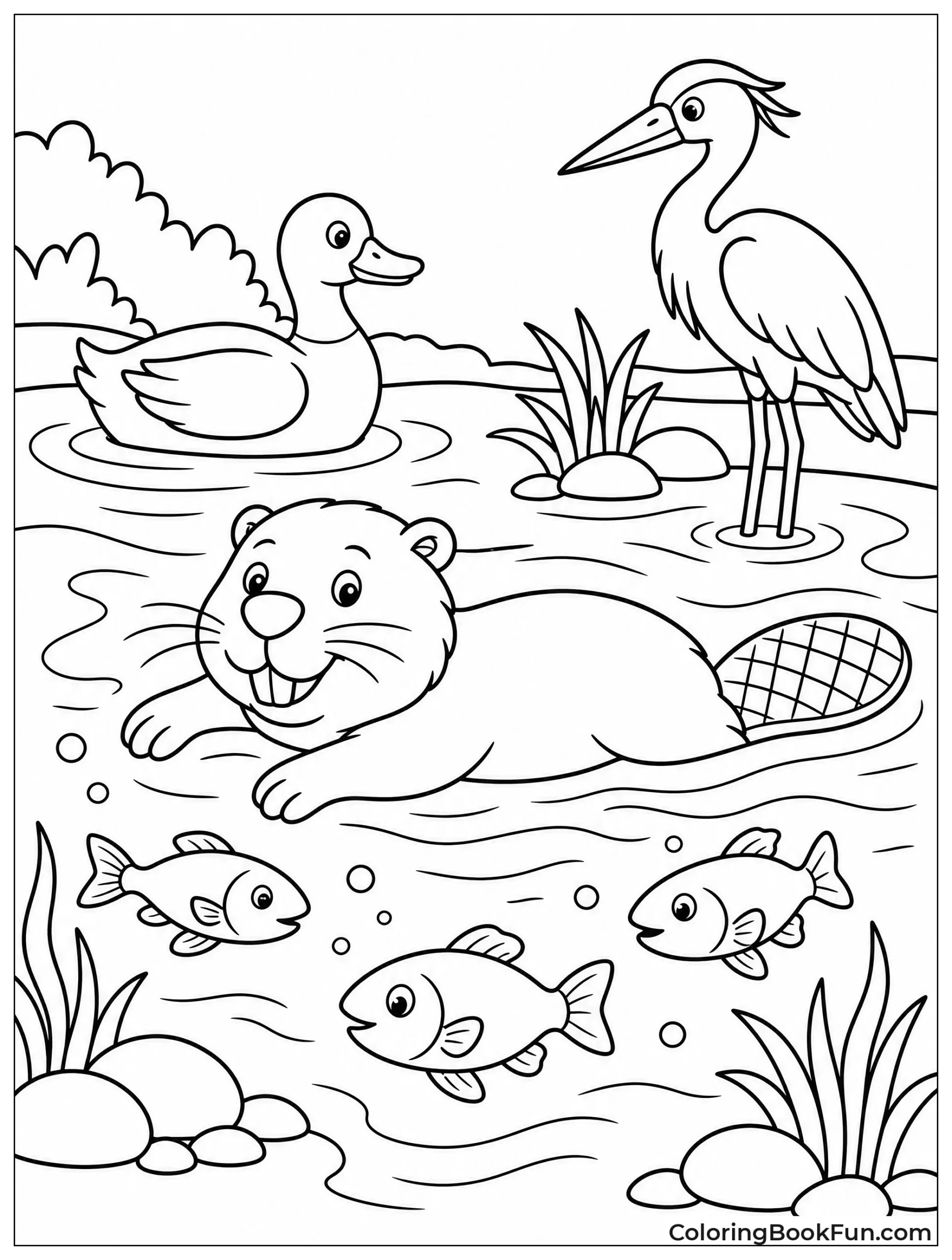 Beaver Swims With Pond Friends