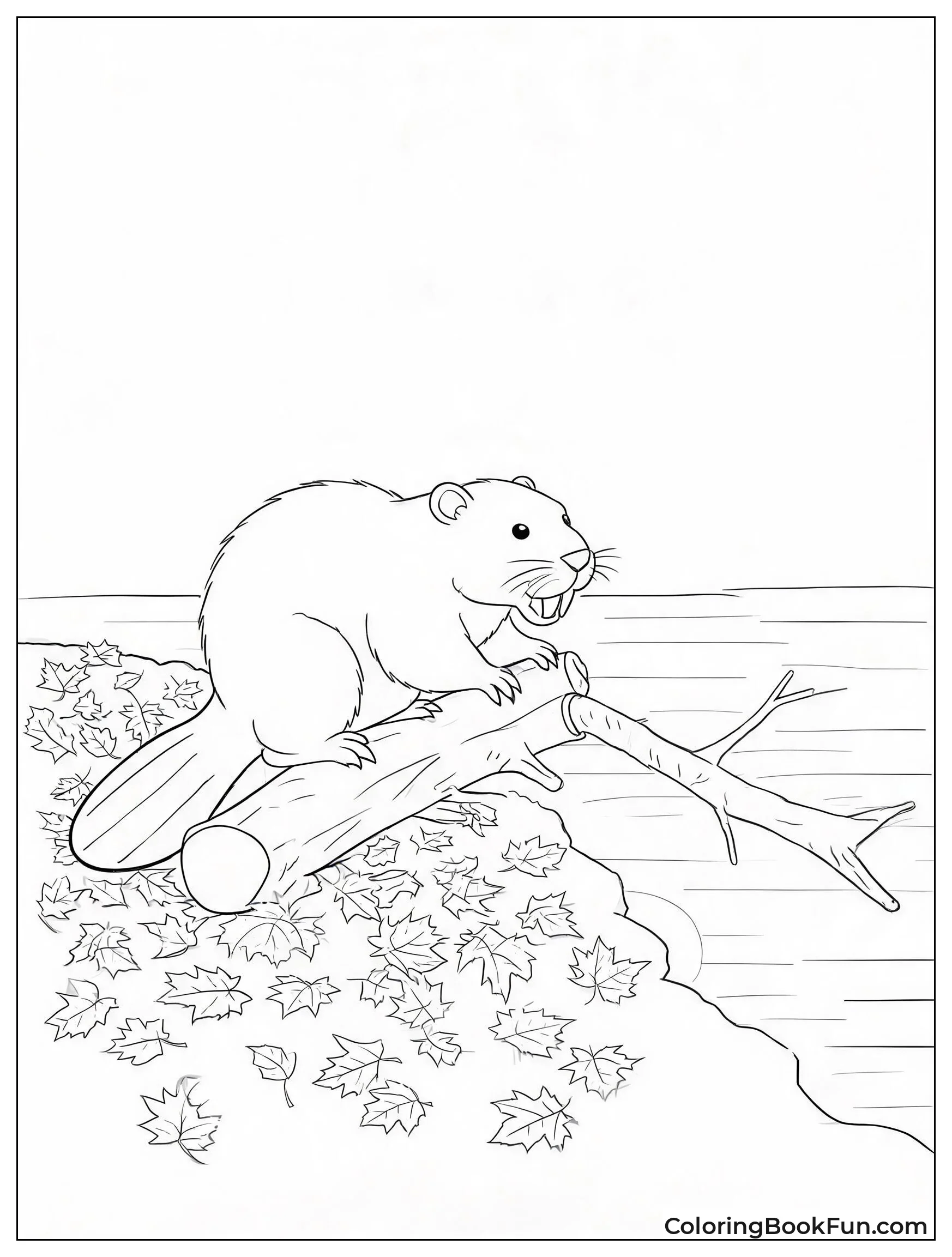 Beaver Drags Branch Through Fallen Leaves