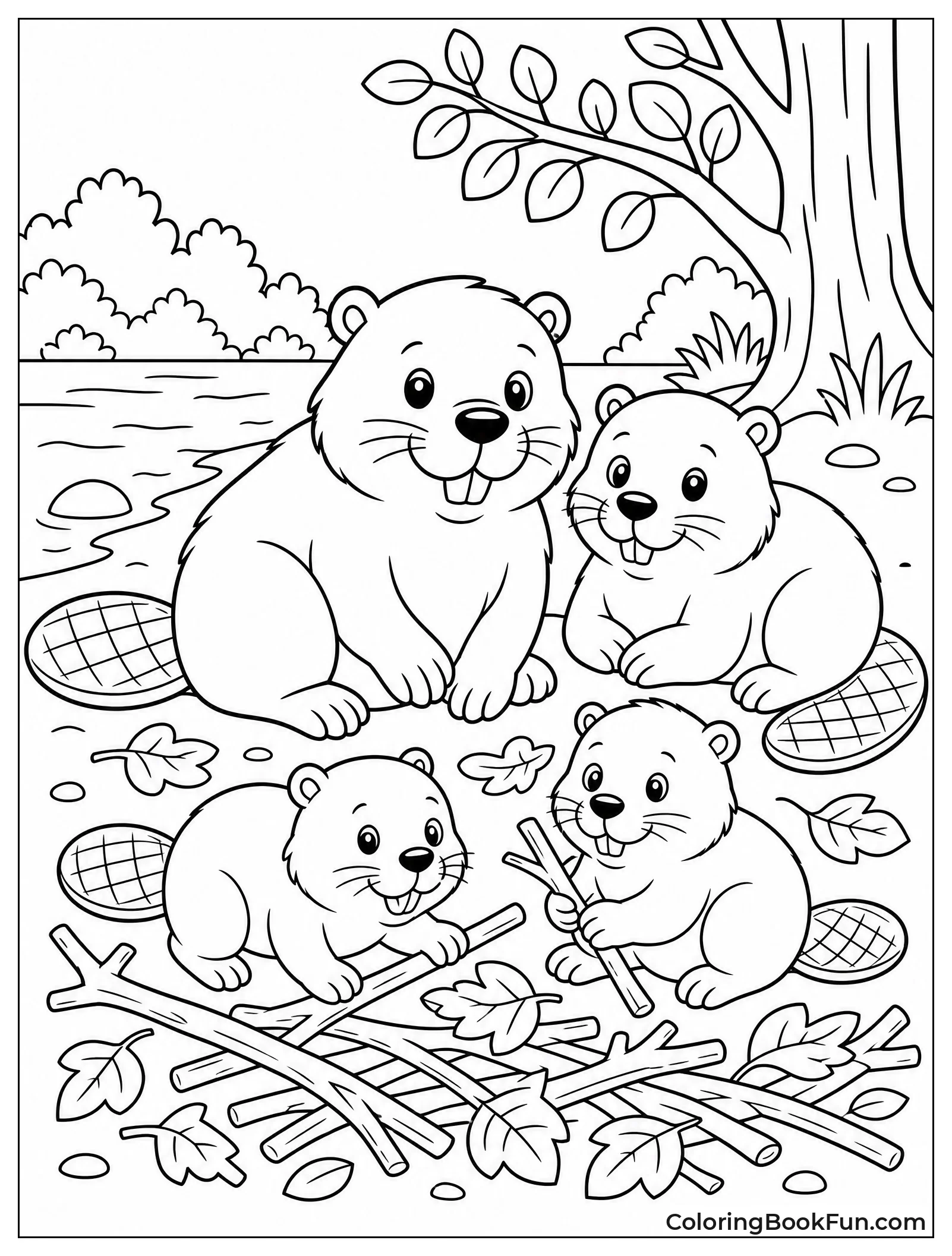 Beaver Family Rests on Shore