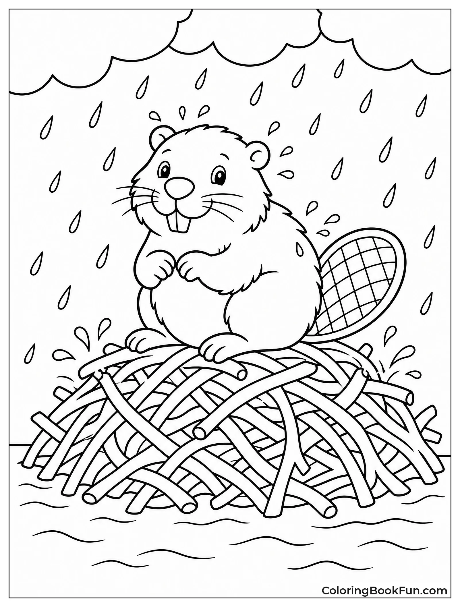 Beaver Sits in Falling Rain